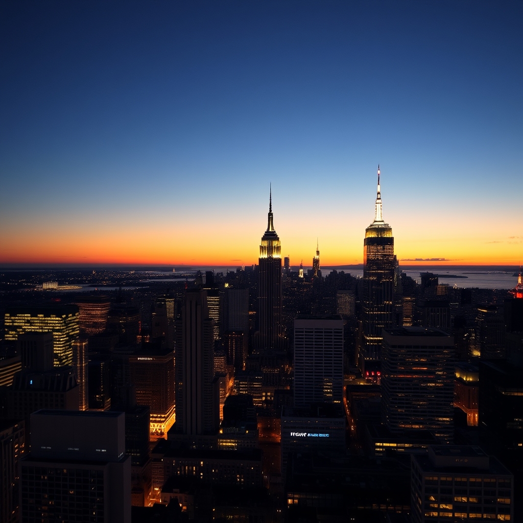 A city skyline at night, with soft lighting illuminating the detailed architecture.