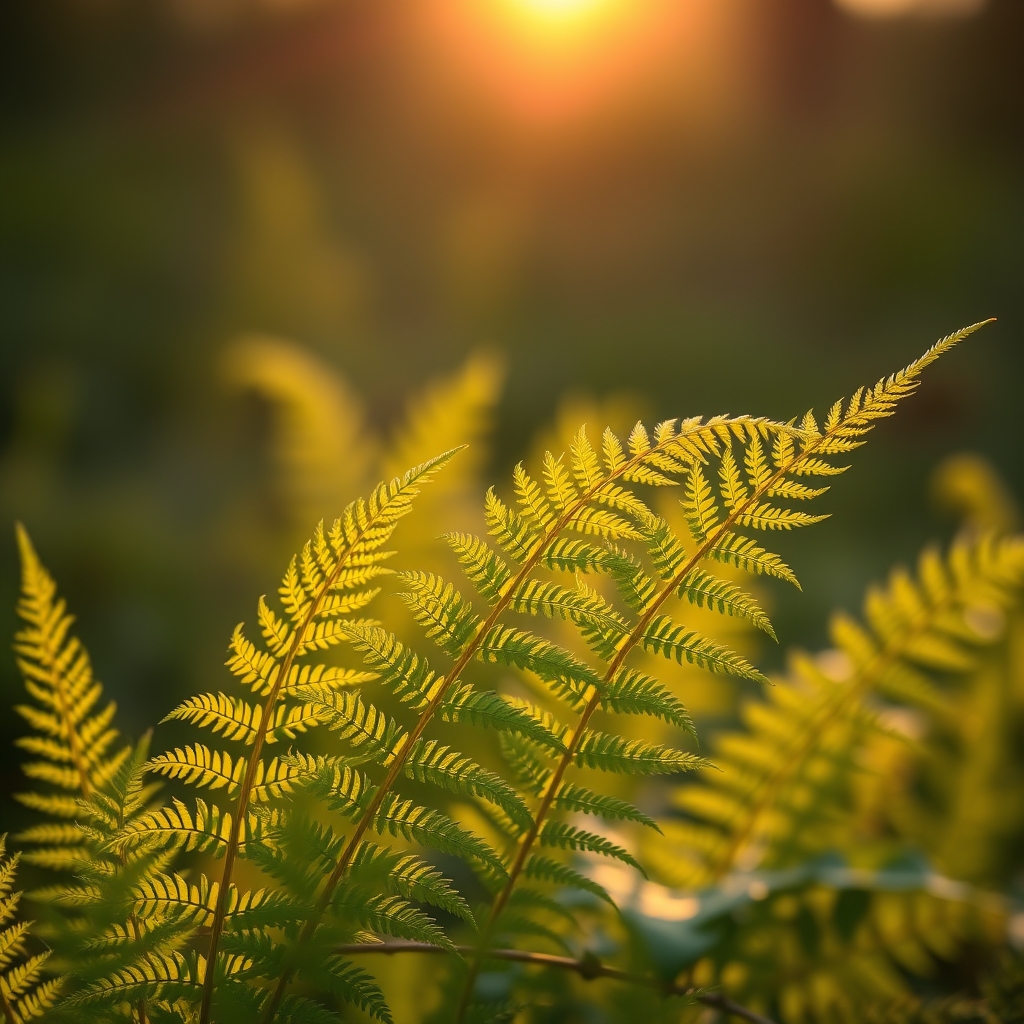 Close-up of fern leaves in soft, warm golden hour light.