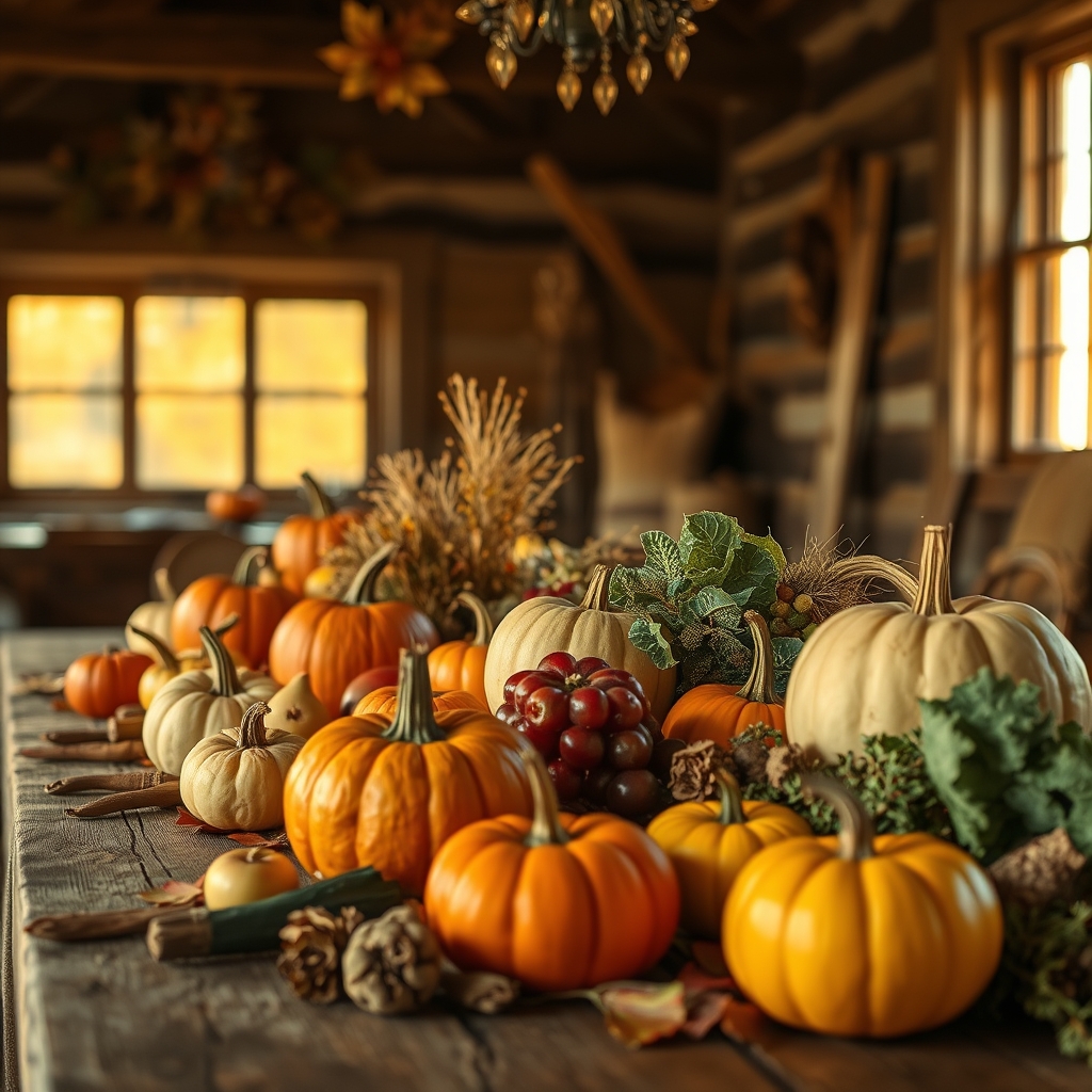 A rustic autumn harvest table with pumpkins, fruits, and vegetables, bathed in the warm glow of golden hour.