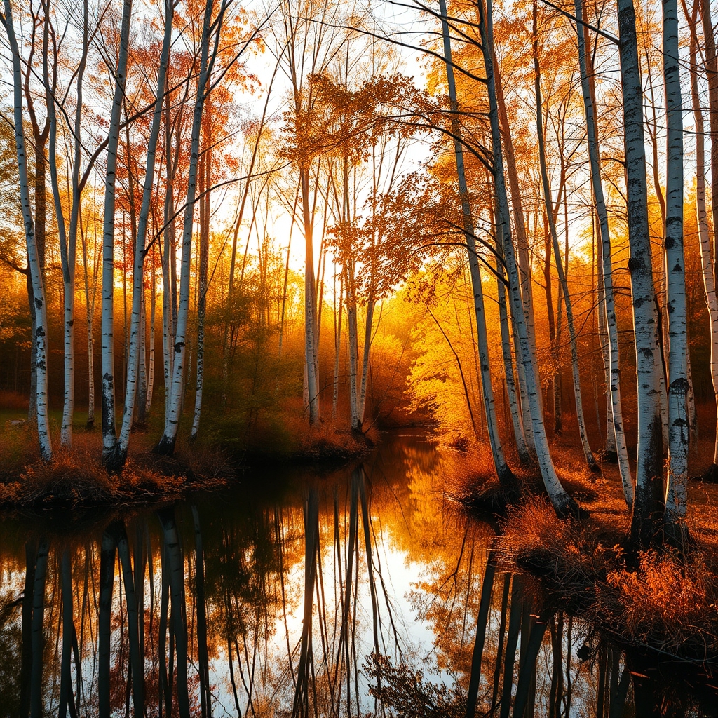 A peaceful birch forest at golden hour, with warm light and autumn colors reflected in the lake.