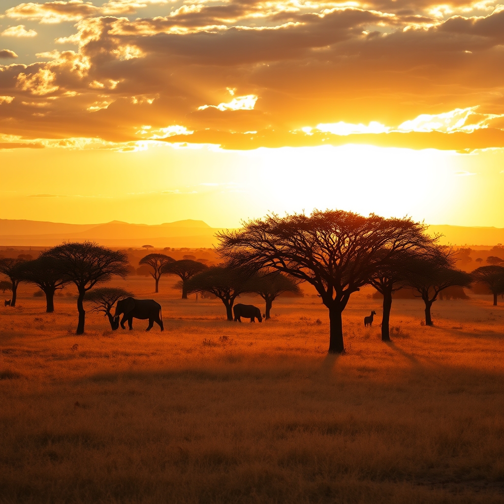 Panoramic savanna with acacia trees at golden hour.