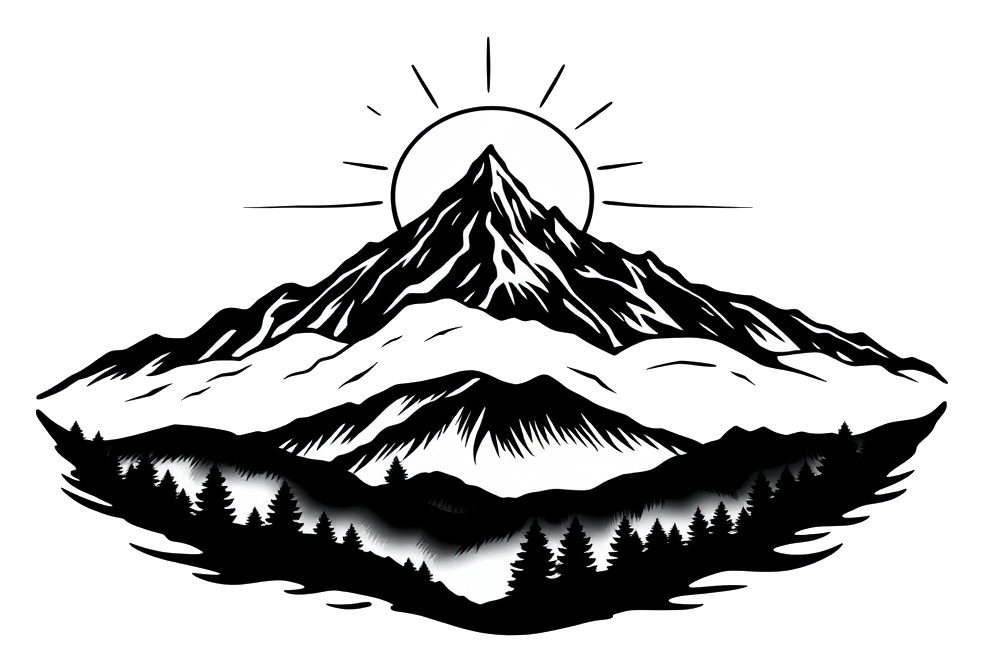A mountain peak at golden hour, with the sun rising behind it, casting a warm glow on the snow-capped peak and surrounding landscape.