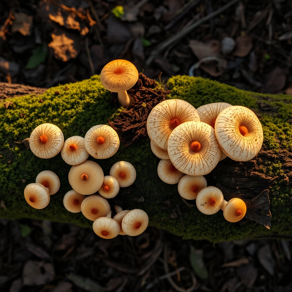 A cluster of mushrooms growing on a moss-covered log, bathed in the warm, golden light of the setting sun.