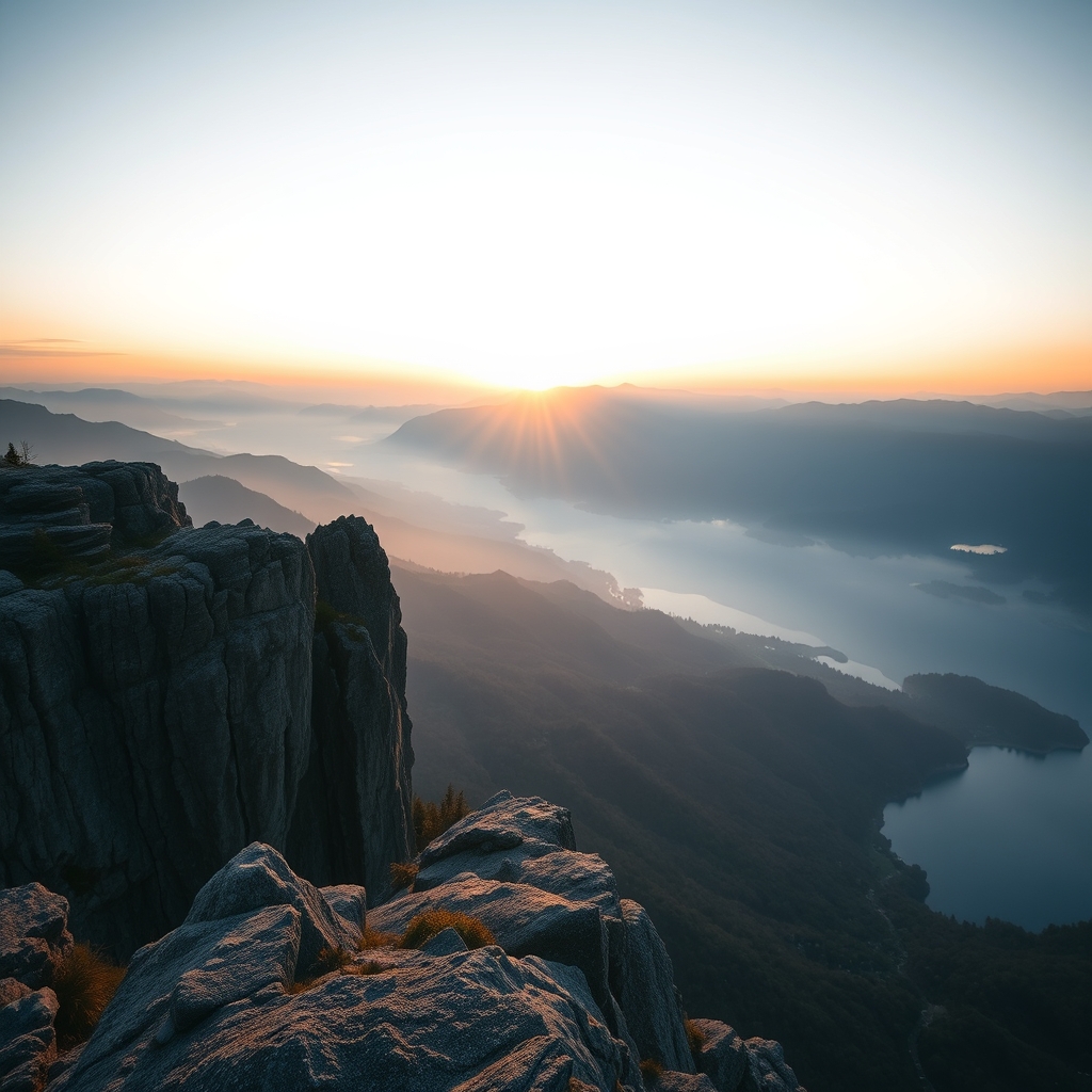 A misty mountain range at sunrise with rolling hills and a serene lake, with the golden hour on a rugged cliff