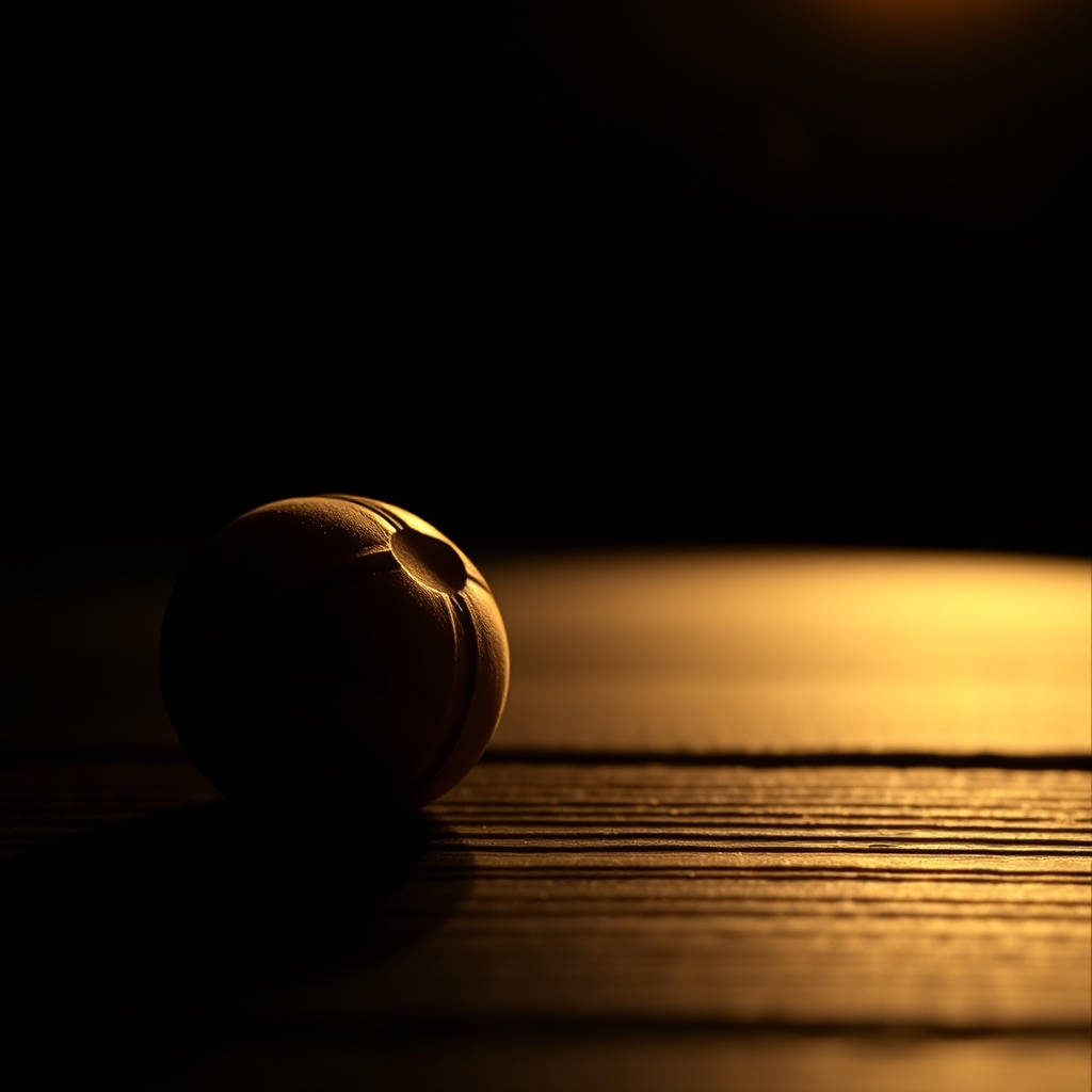 A detailed object is softly lit on a dark background, with golden hour lighting casting a warm glow on the dark wood surface.