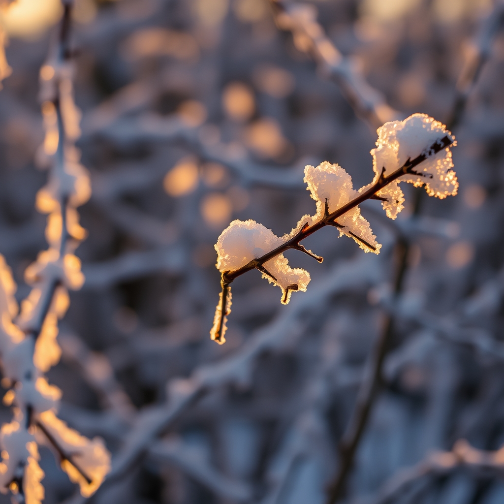 Snowy branch with golden hour light.