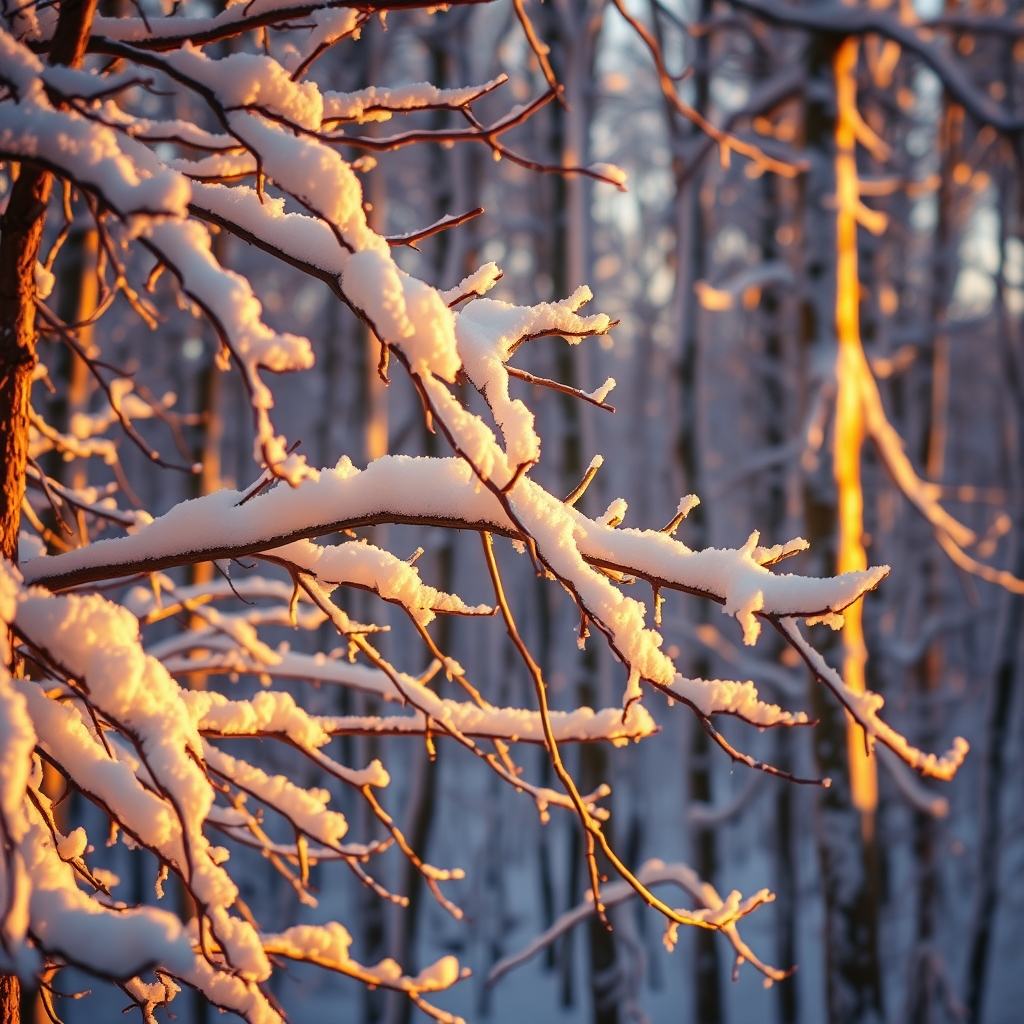 Snow-covered branches in a serene forest at golden hour, bathed in warm light.
