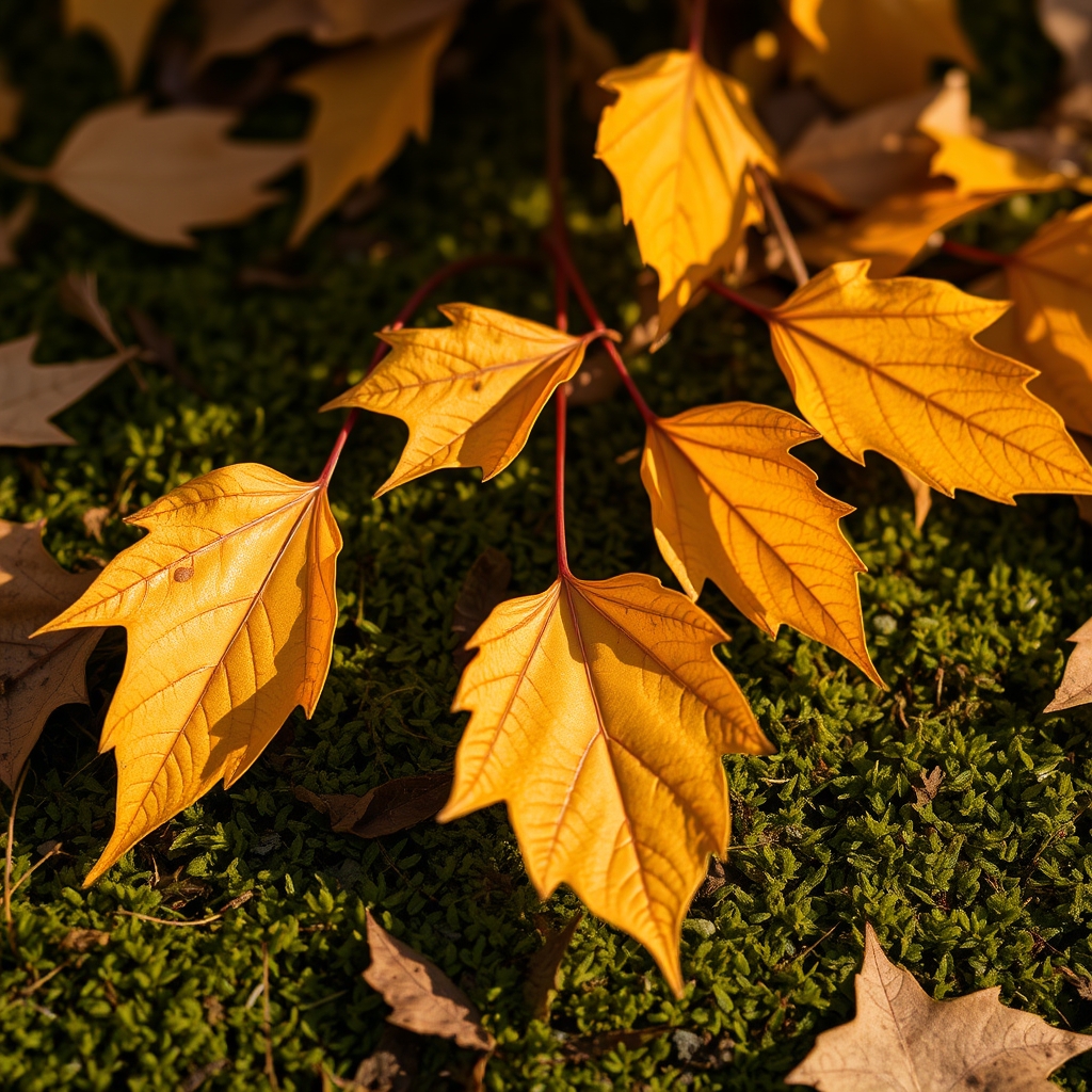 Golden Autumn Leaves on Mossy Ground