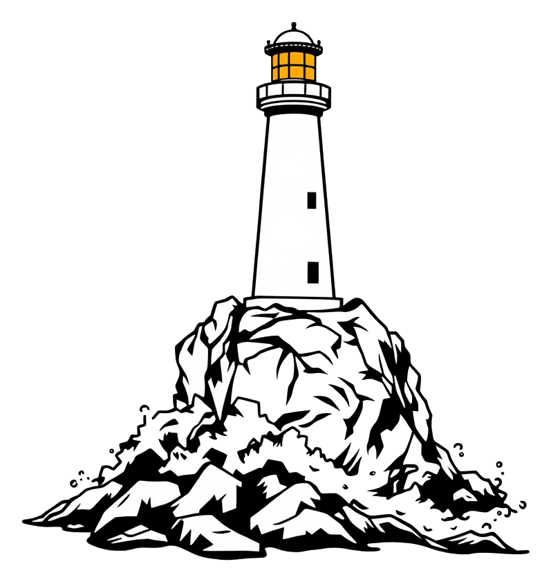 Golden Lighthouse on Rocky Cliff