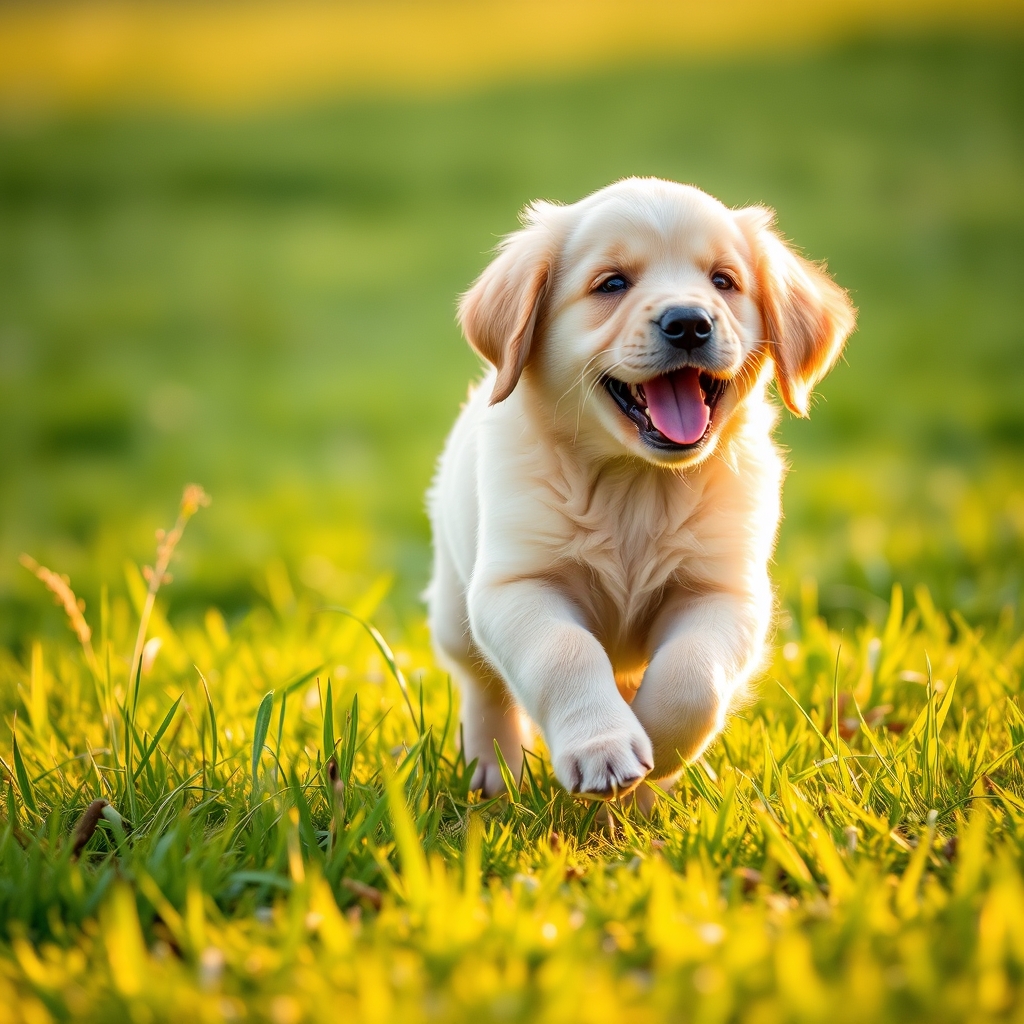 A happy golden retriever puppy playing in a grassy field during sunset.