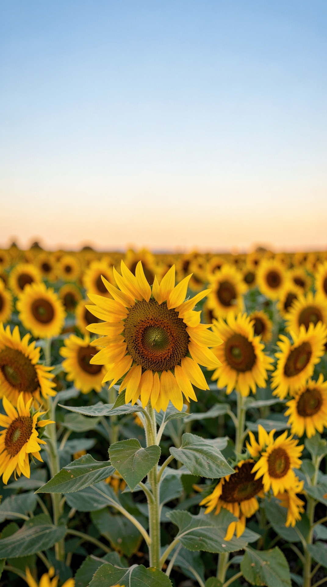 A field of golden sunflowers in a warm sunrise light, with a shallow depth of field.
