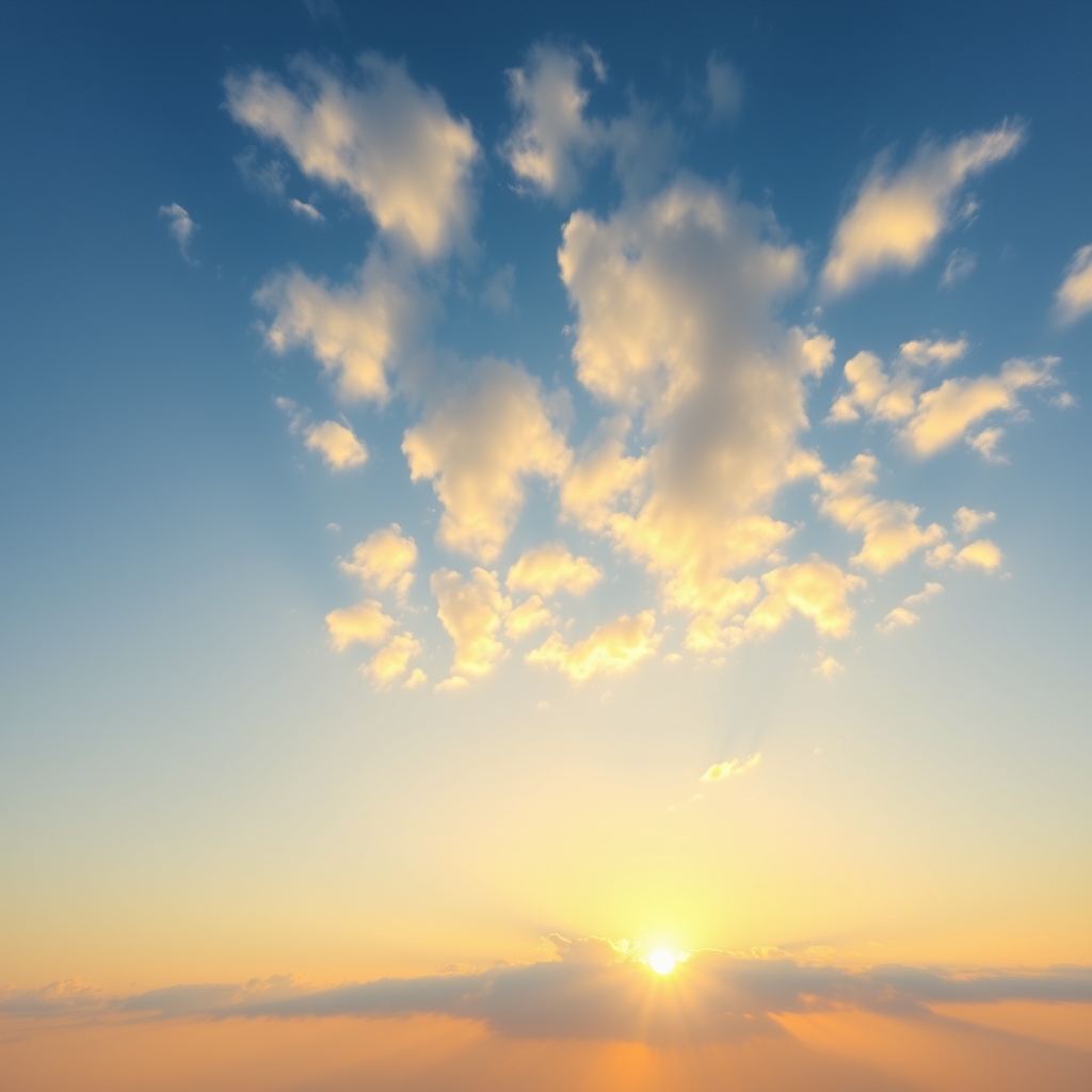 A serene blue sky with fluffy white clouds, illuminated by the warm sunlight from a high-angle view, capturing the beauty of a golden sunrise with low