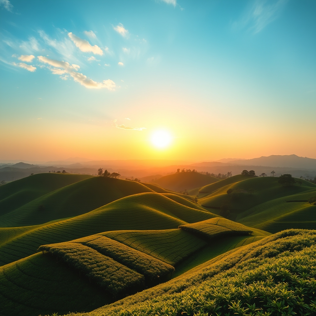 晴天の下に広がる緑の茶畑のパノラマ風景、黄金色の朝日が昇る穏やかな景色