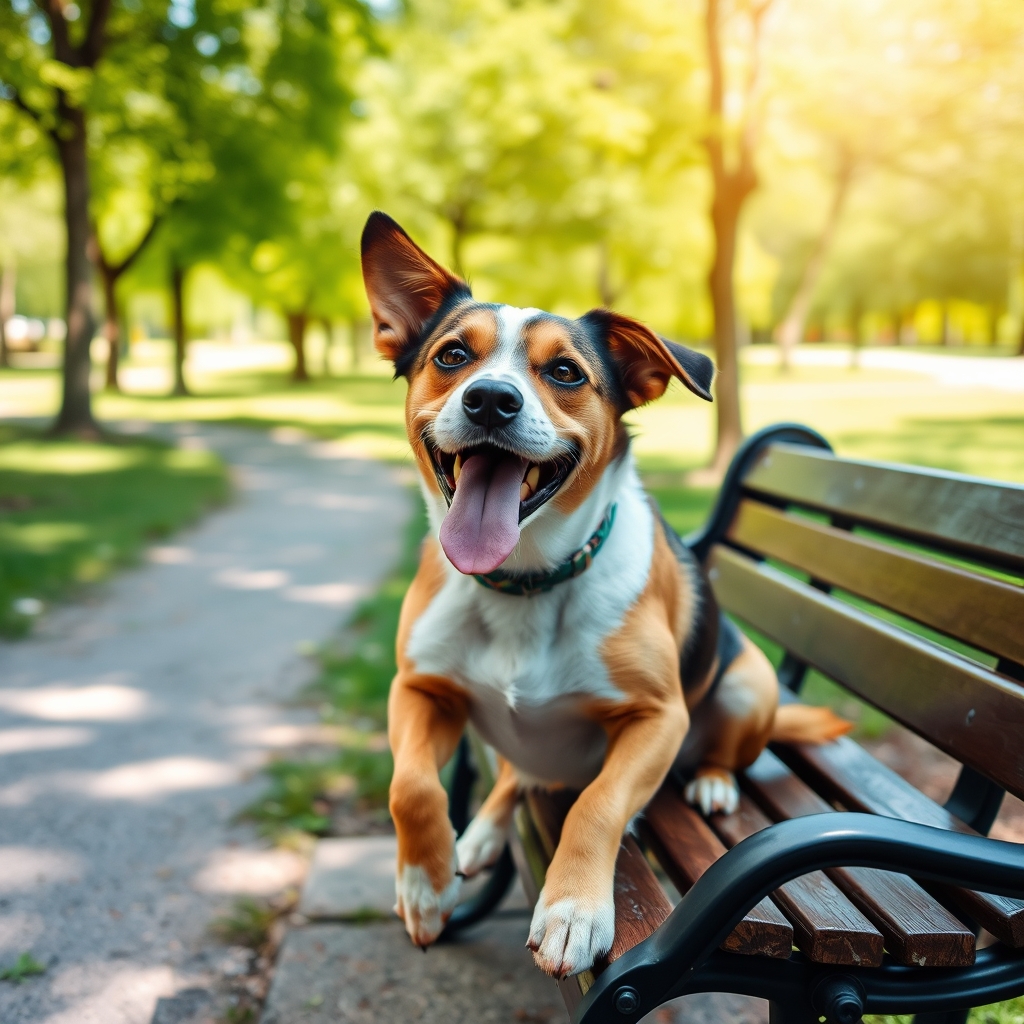 A happy dog sitting on a bench in a green park on a sunny day.