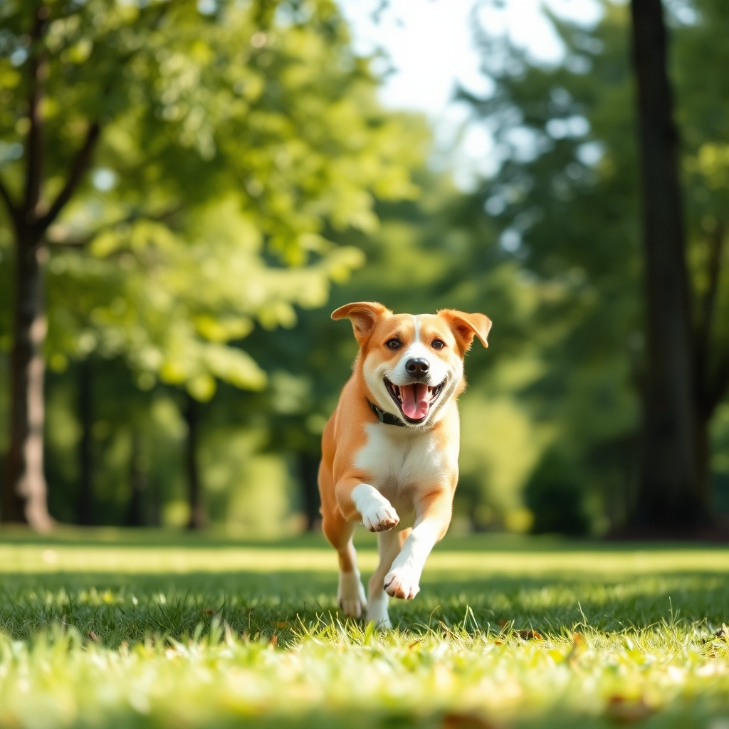 A happy dog running in a green park on a sunny day with soft natural light and a shallow depth of field.