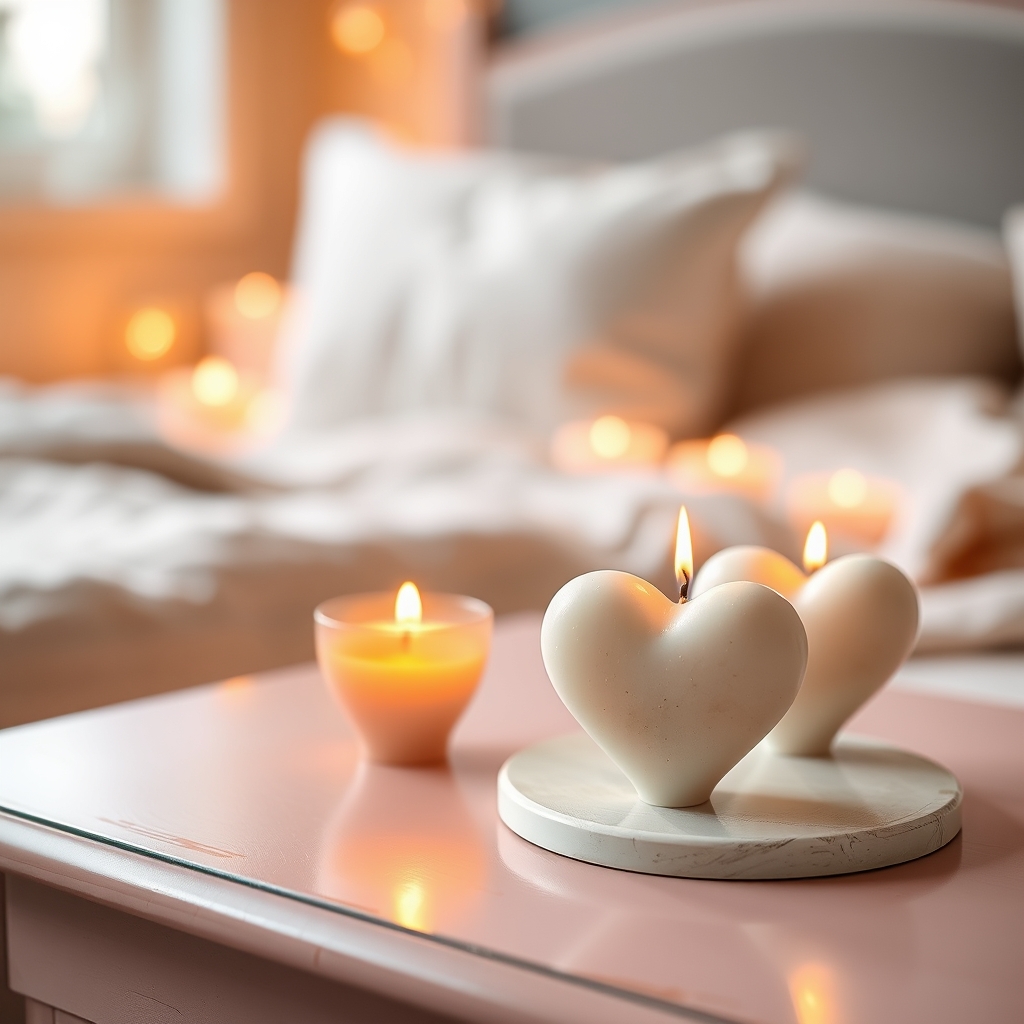 Heart-shaped candles in a cozy bedroom with soft focus and warm lighting.