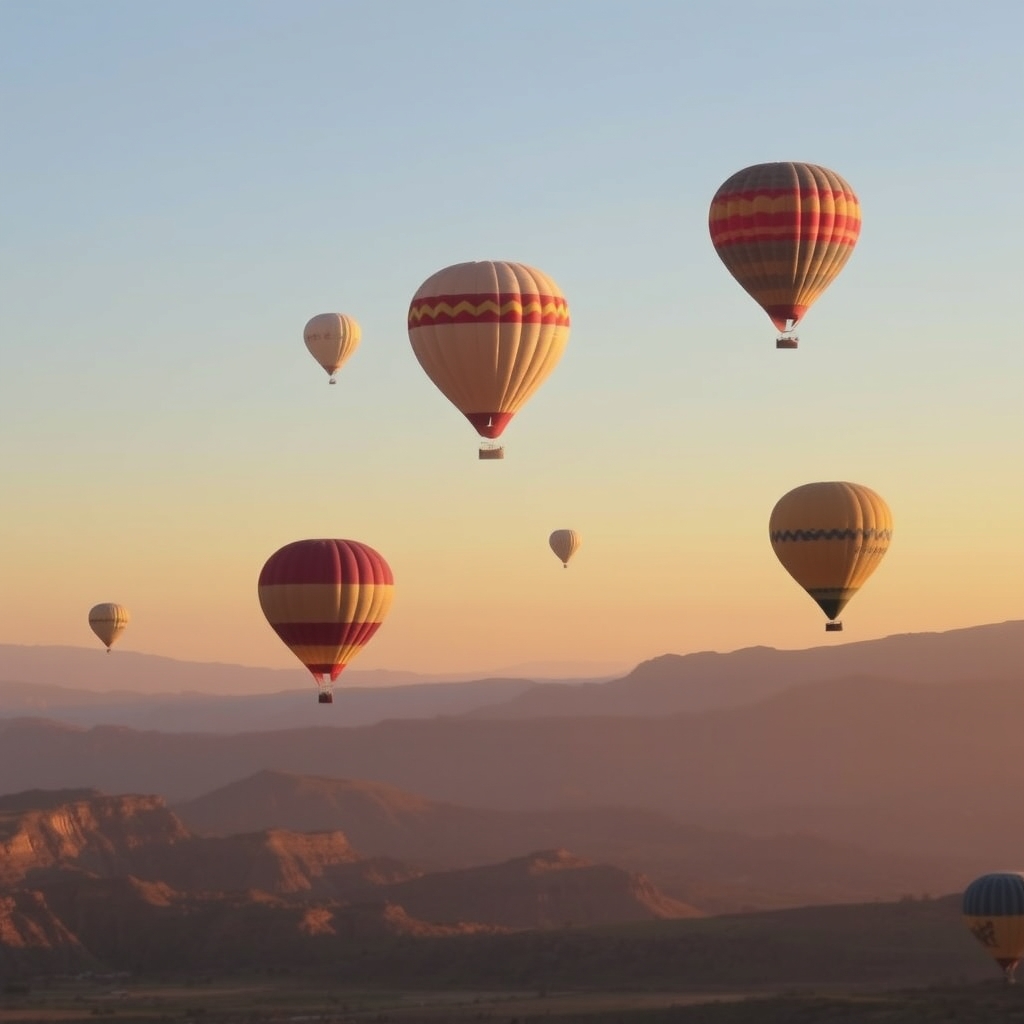 Hot air balloons flying over a serene landscape at sunrise with warm lighting