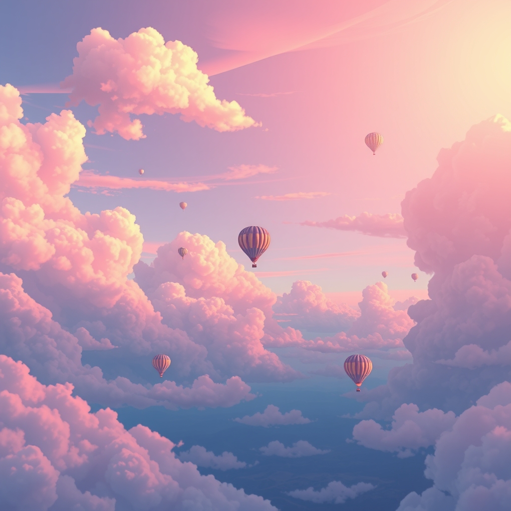 Vibrant anime-style sky with fluffy clouds and empty space, featuring hot air balloons floating in the dawn sky.