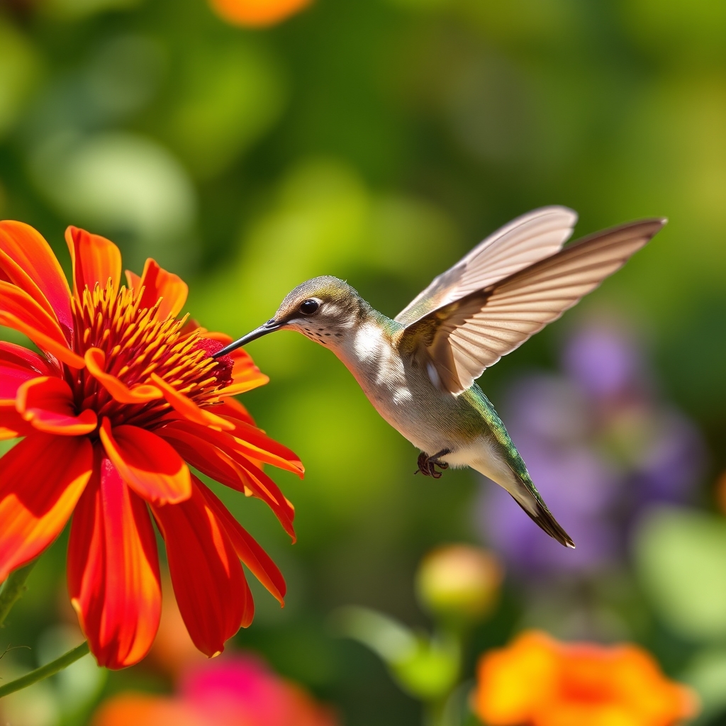 A hummingbird in flight near a colorful flower in a sunny garden.