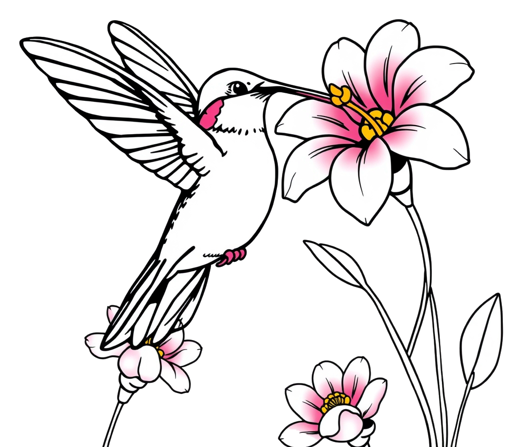日当たりの良い庭で、色鮮やかな花の蜜を吸うハチドリ
