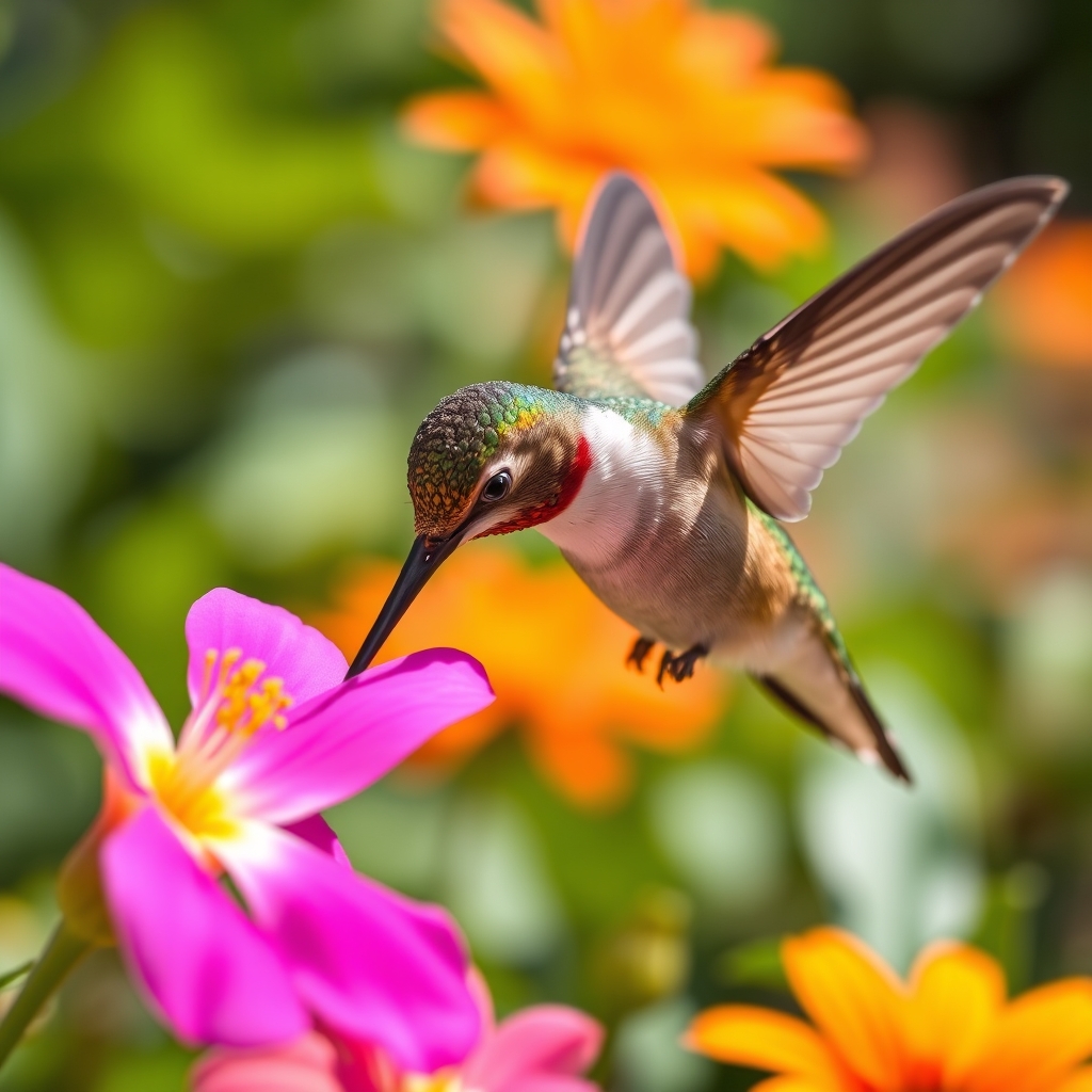 Hummingbird in a garden, sipping nectar from a pink flower.