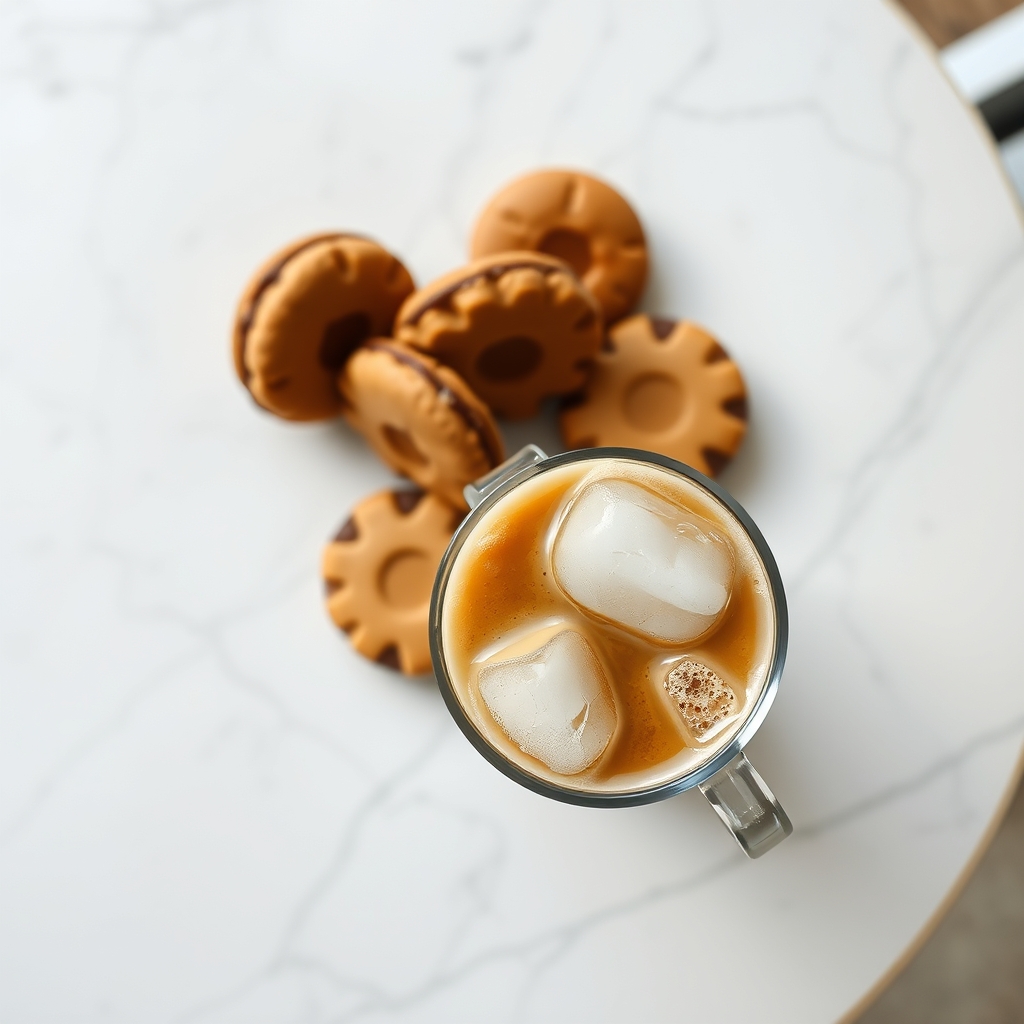 A glass of iced coffee and cookies on a marble table, viewed from above.
