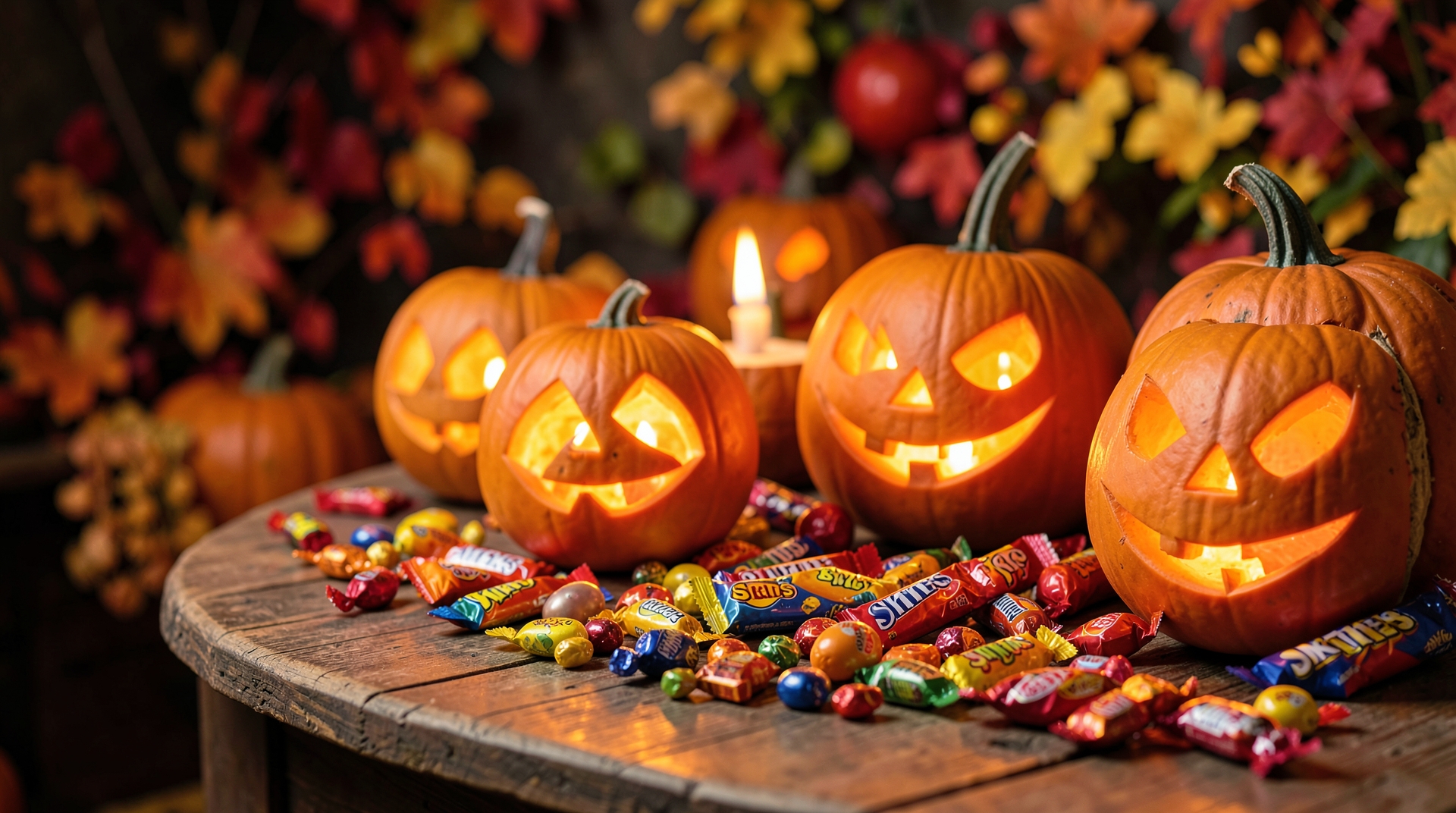 Jack-o-Lanterns and Candies on a Wooden Table