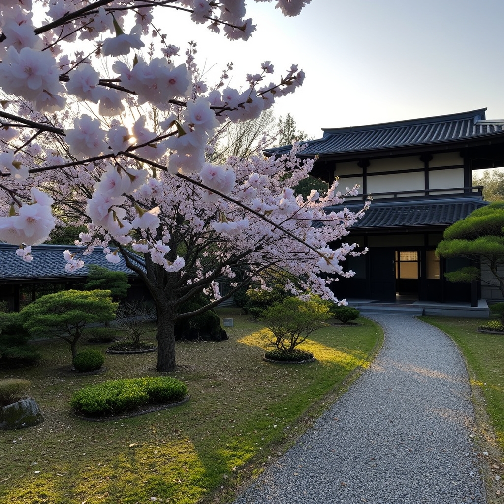 A tranquil Japanese garden scene with a cherry blossom tree, traditional architecture, and a winding path, captured in soft natural light at dawn.