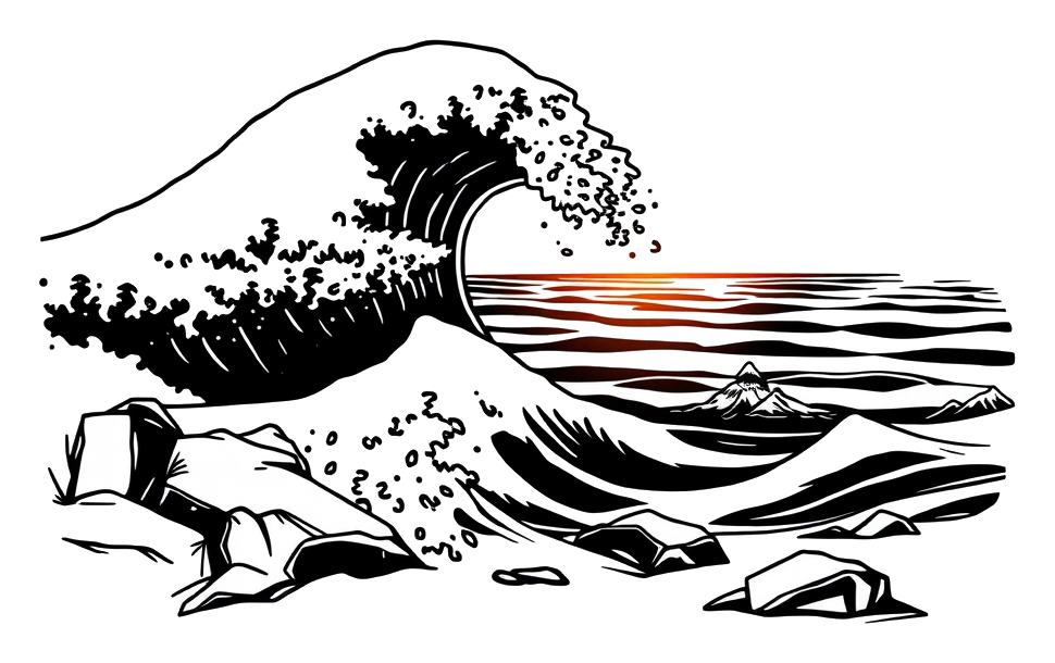 A stylized illustration of a wave crashing on a rocky coast, set against a pure white background.