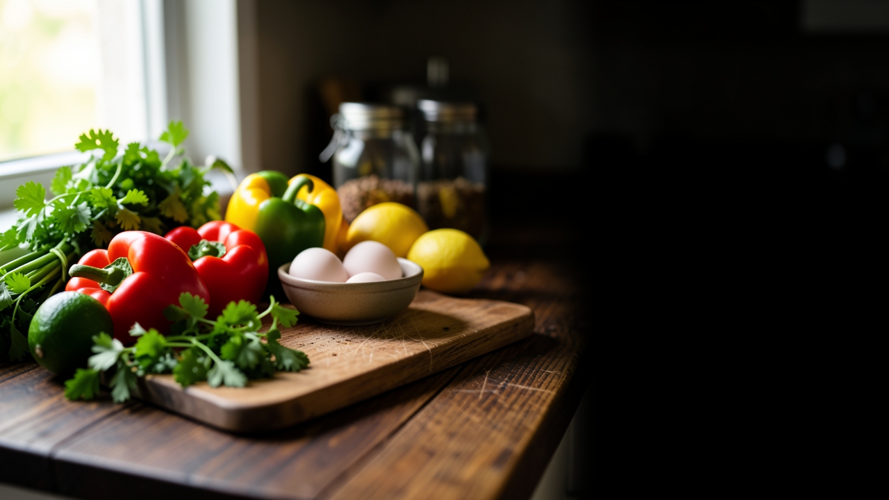 A kitchen counter with fresh vegetables and herbs, bathed in soft natural light, with a shallow depth of field that draws attention to the vibrant col