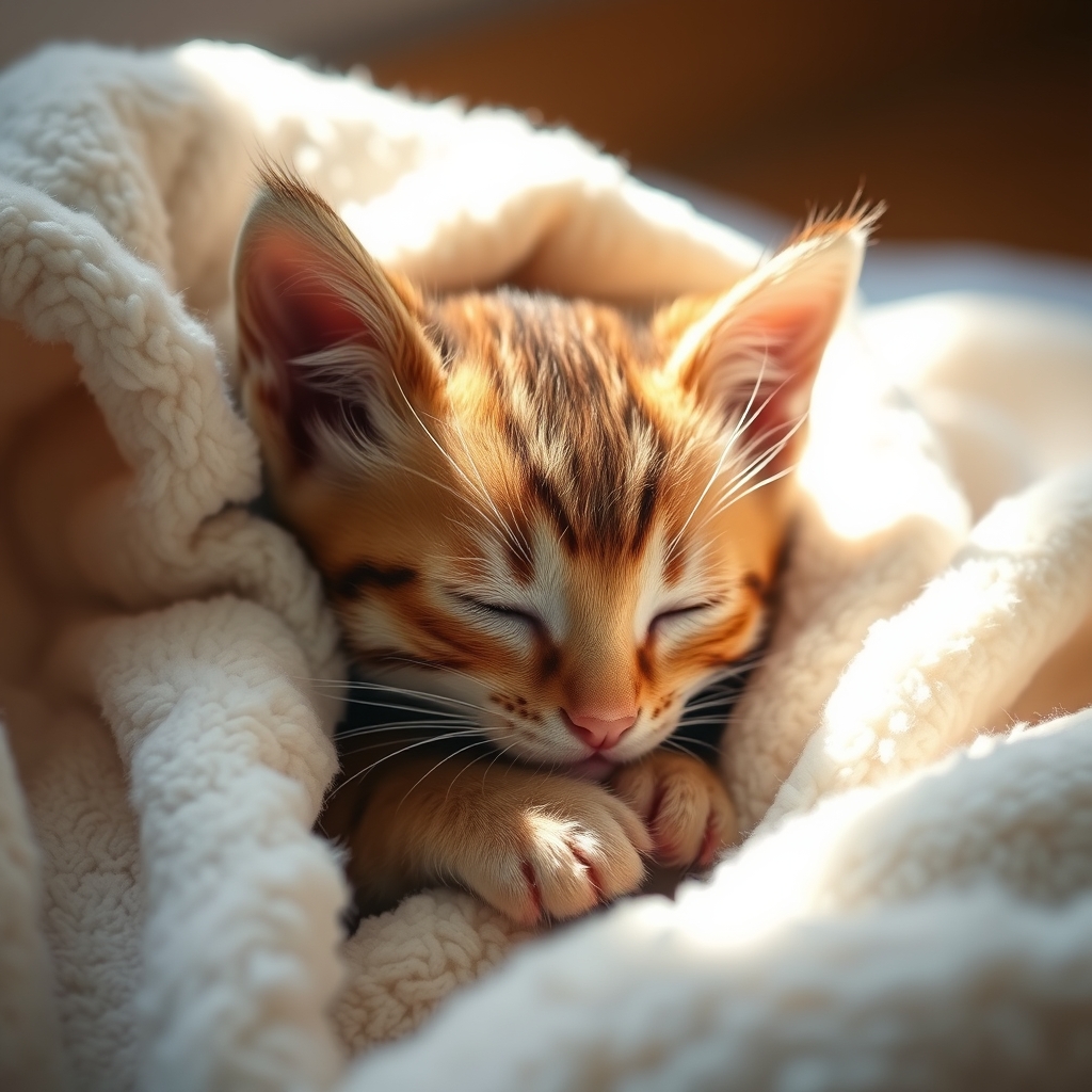 A kitten is sleeping in a blanket, surrounded by soft natural light that adds warmth to the scene.