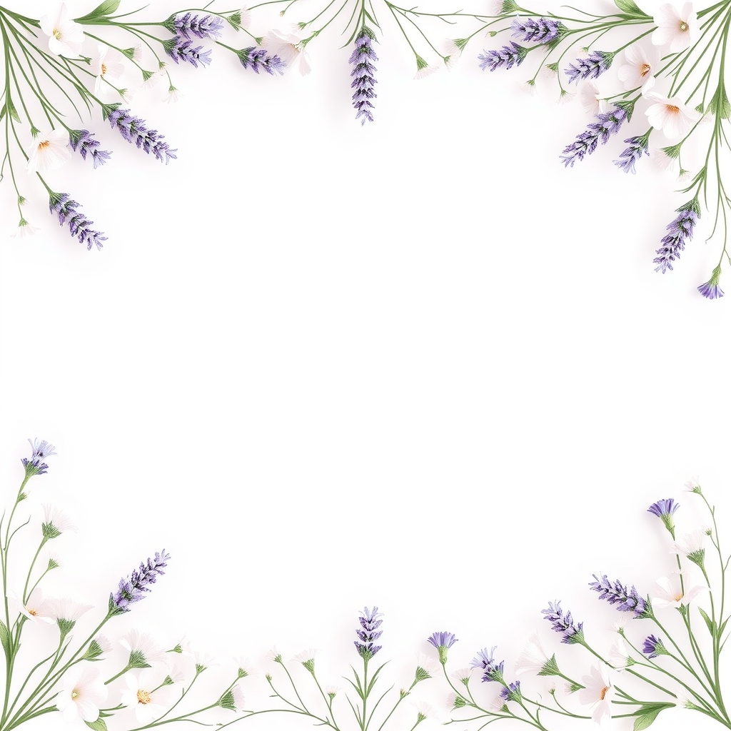 A delicate floral pattern surrounding an empty center, with soft natural light and pastel colors, featuring lavender.