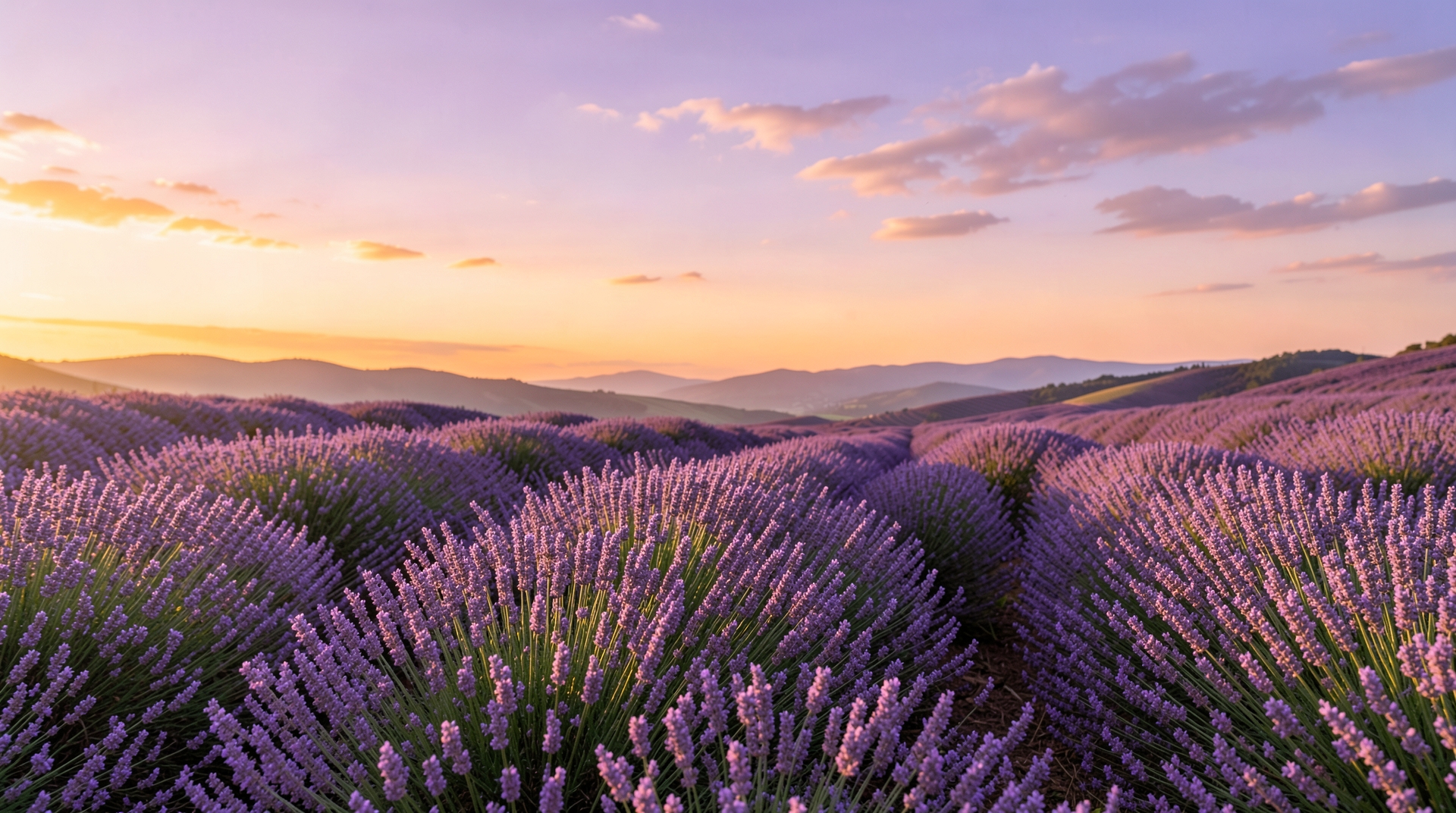Lavender Fields at Sunset: A Calm and Peaceful Landscape