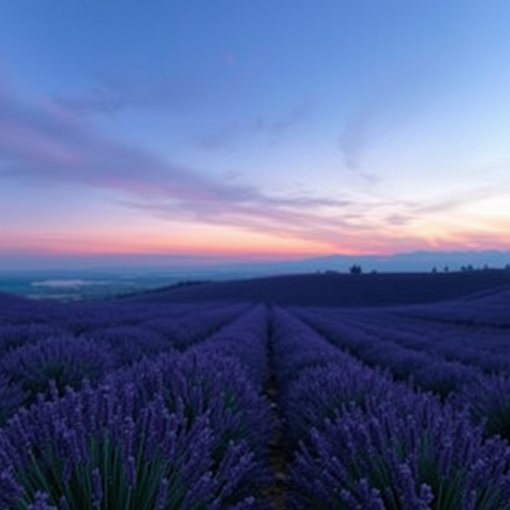 夕暮れ時のラベンダー畑のパノラマ風景。柔らかく温かい光と穏やかな構図。