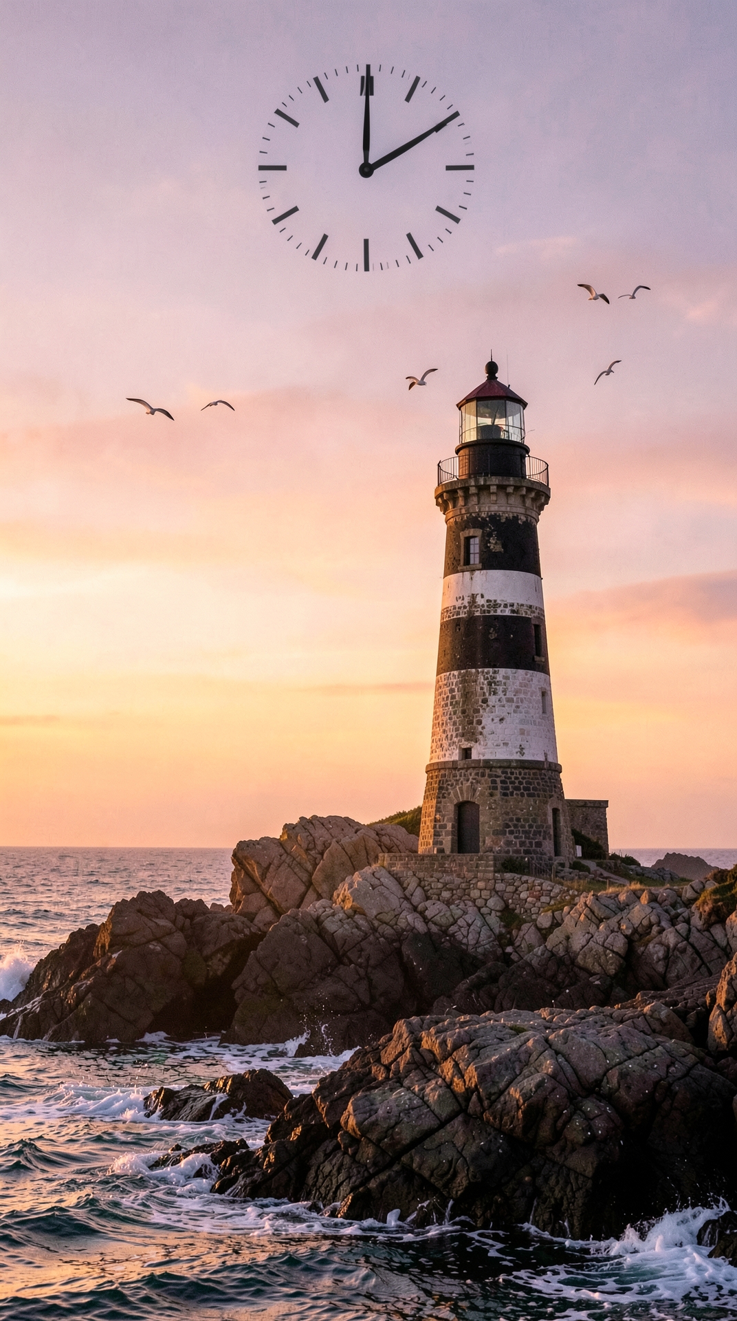 Lighthouse at Dusk with Seagulls Flying: A serene lighthouse scene at dusk, with seagulls flying in the sky, set against a warm and calming backdrop.