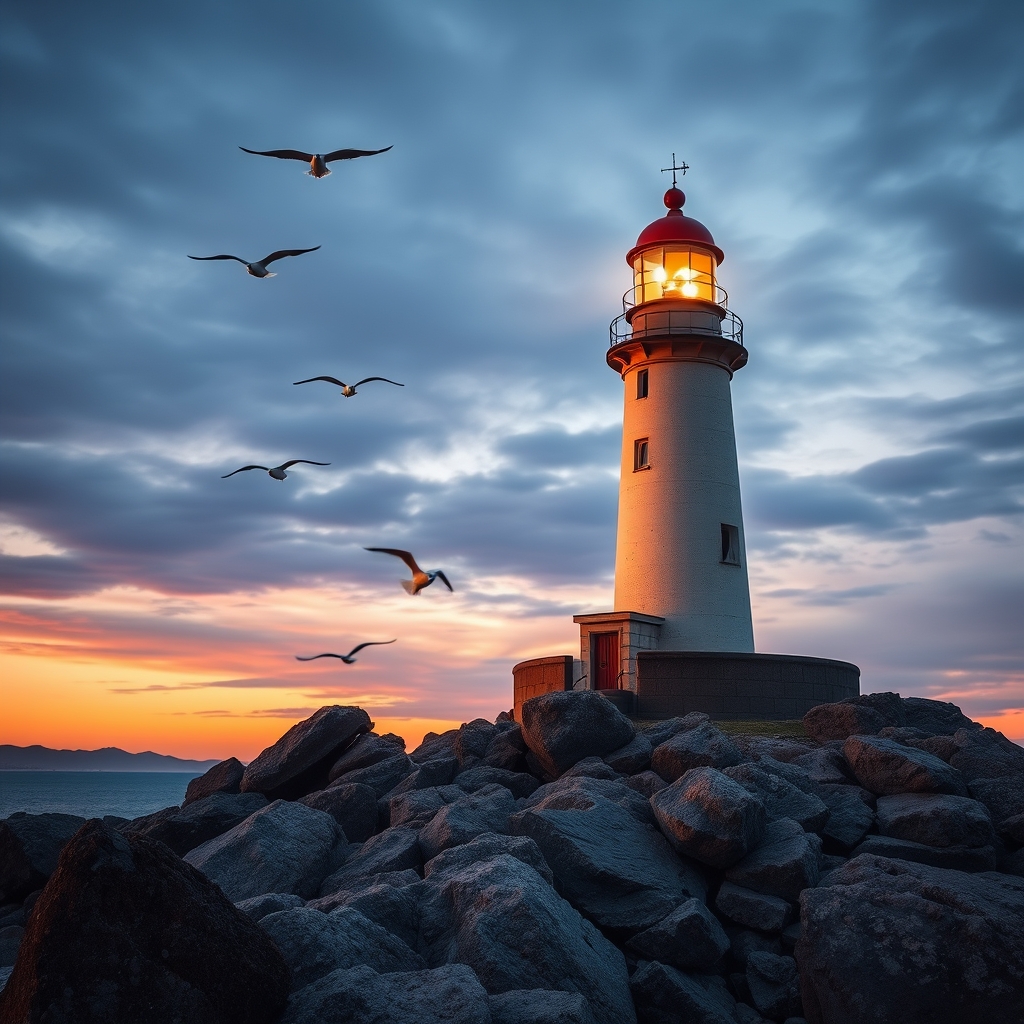 A lighthouse on a rocky coast with seagulls flying at dusk.