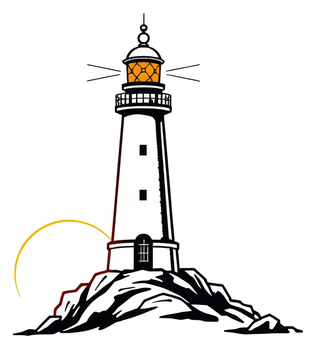 A lighthouse at sunset, with a close-up of its lantern room