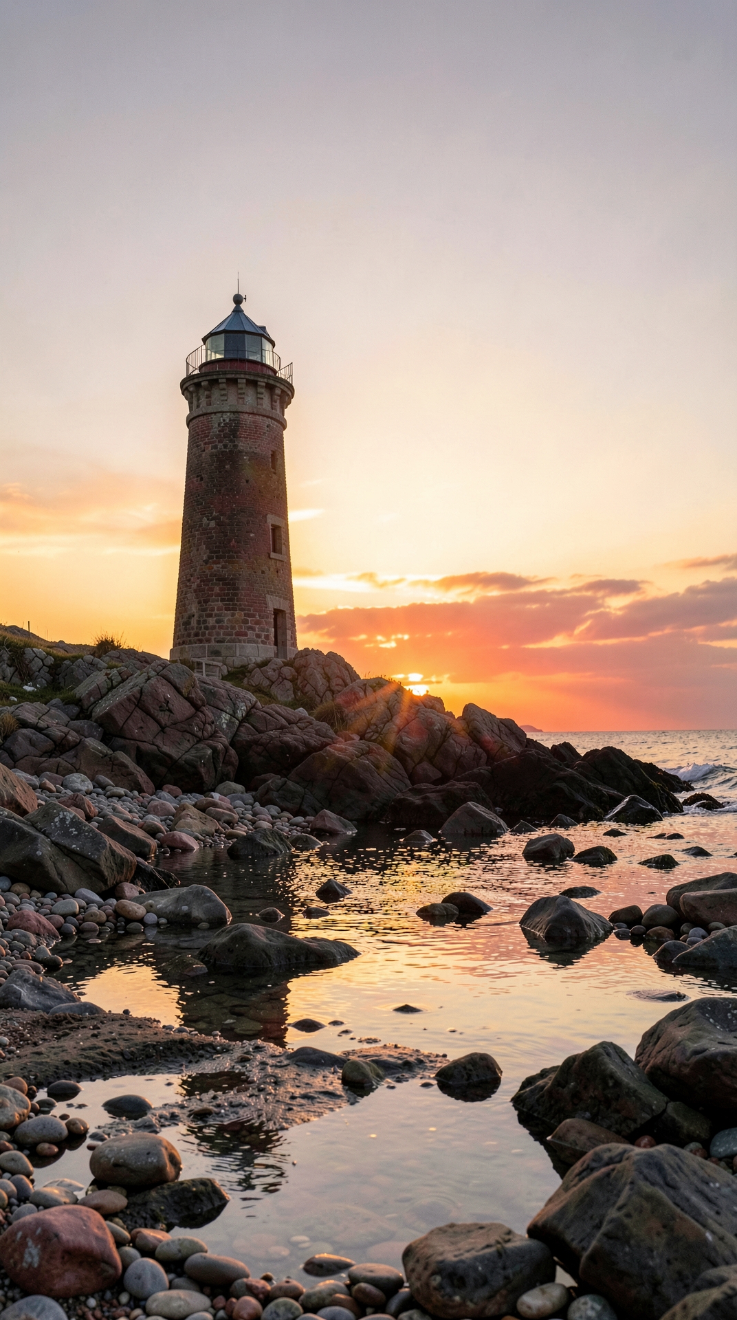 Lighthouse on rocky coast at sunset