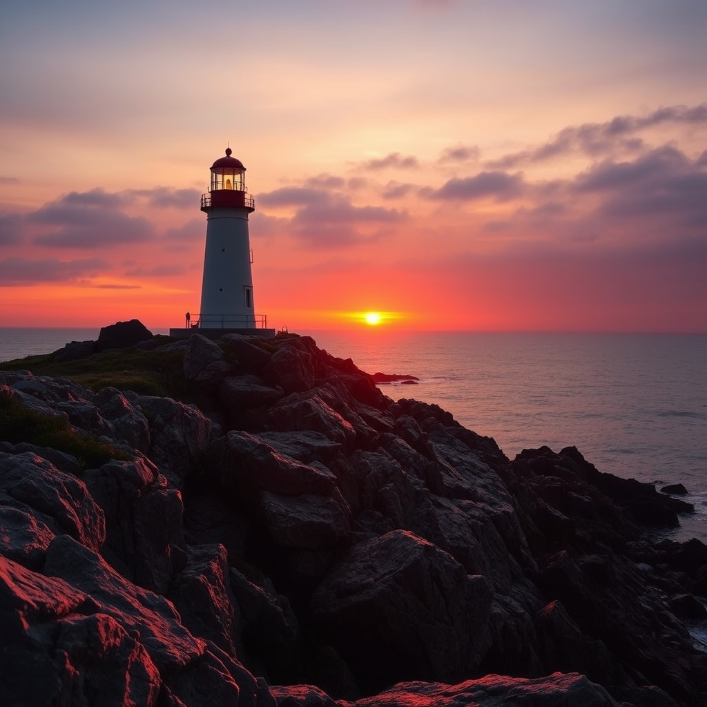 Lighthouse on Rocky Coast at Sunset