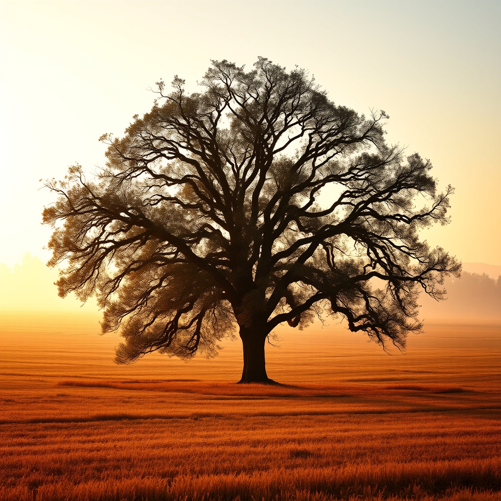 Lonely oak tree in a vast field