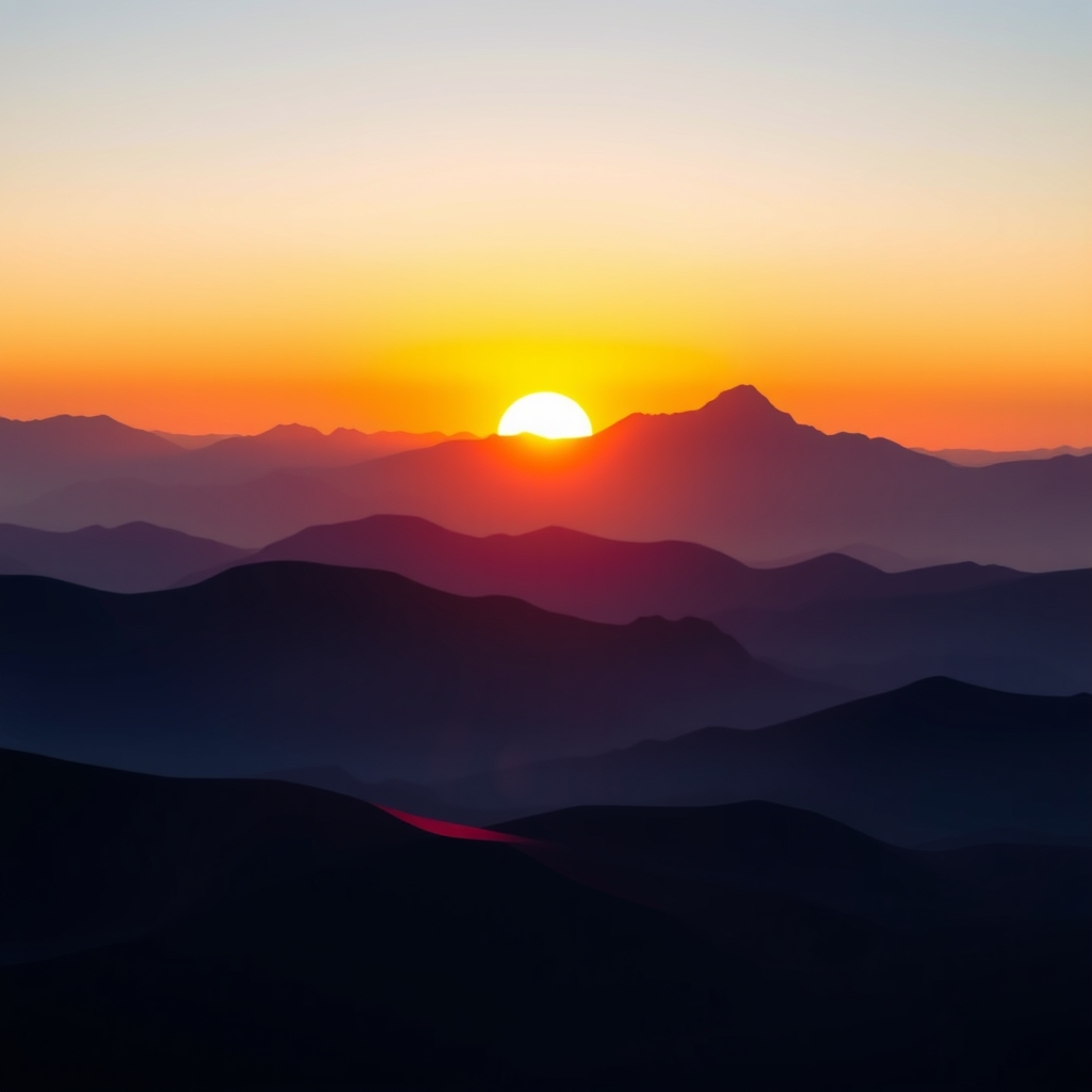 A low poly mountain range at sunset, with vibrant colors and geometric shapes. Rolling hills are visible in the mist.