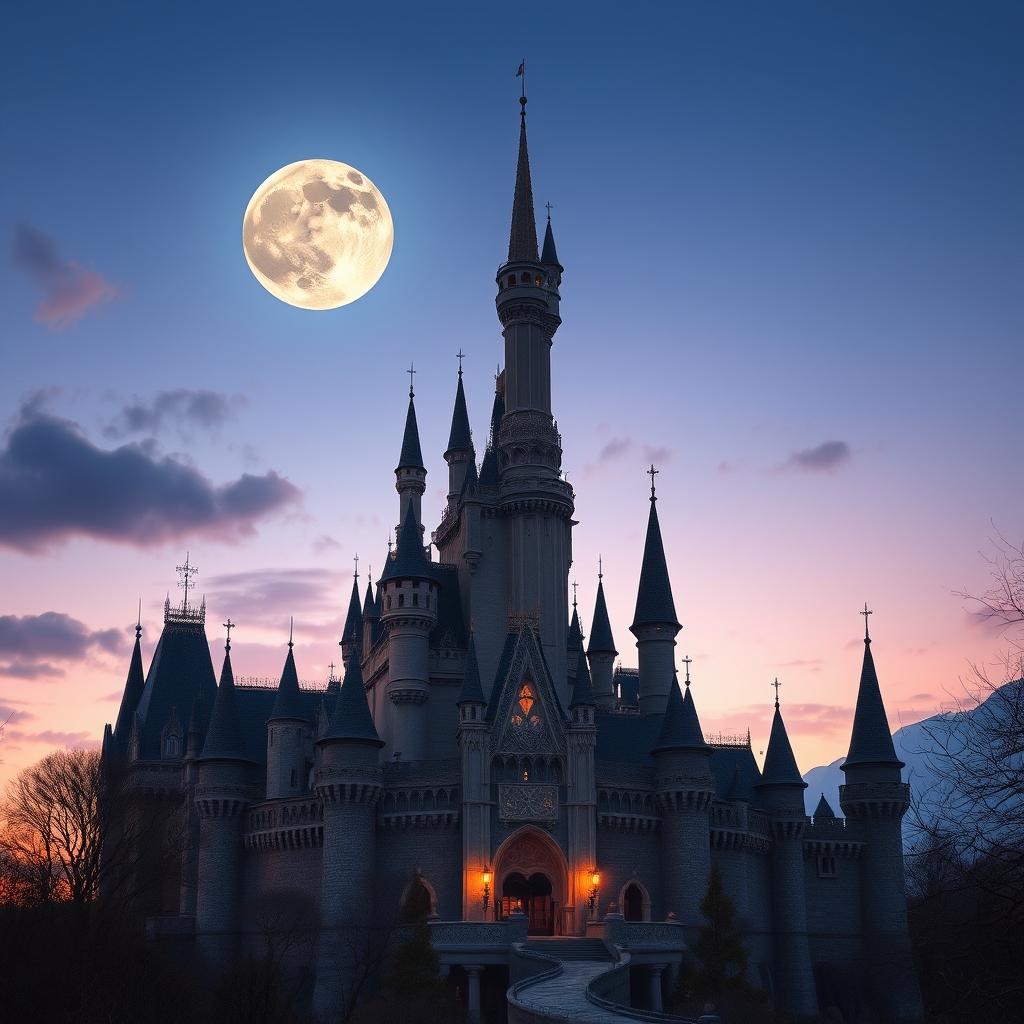 Majestic fantasy castle at sunset