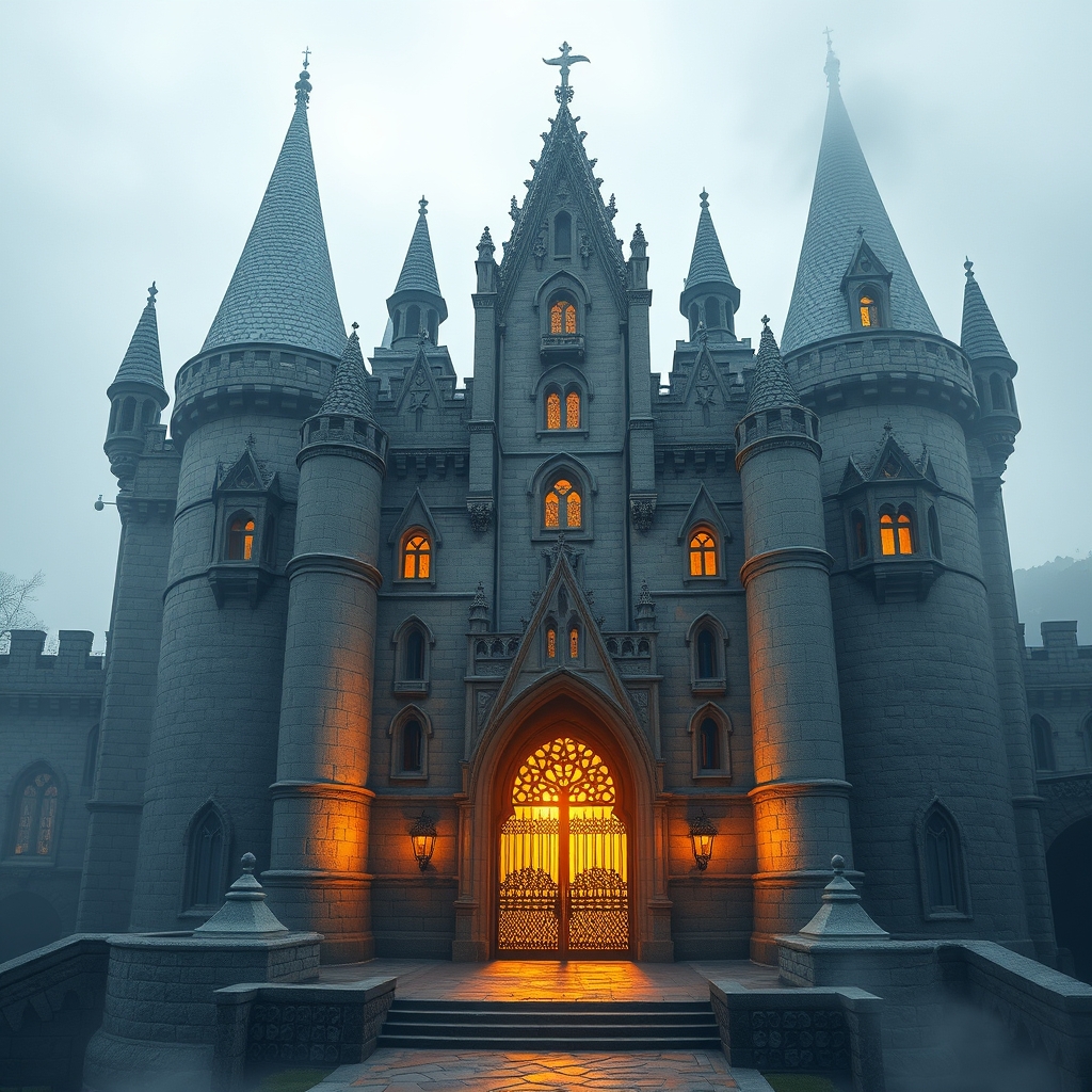 Majestic Fantasy Castle Gates at Sunset