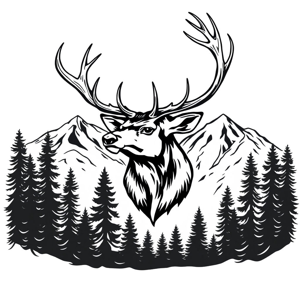 Majestic Stag Head on Mountain Ridge, Profile View, Forest, Warm Lighting, Tattoo Flash Design, Bold Black Ink Line Art, Clean Outlines, Simple Shadin