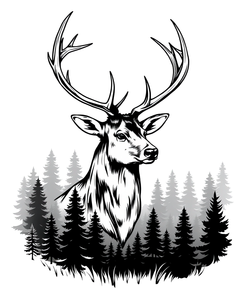 A black-and-white illustration of a stag with antlers in a misty forest at dawn