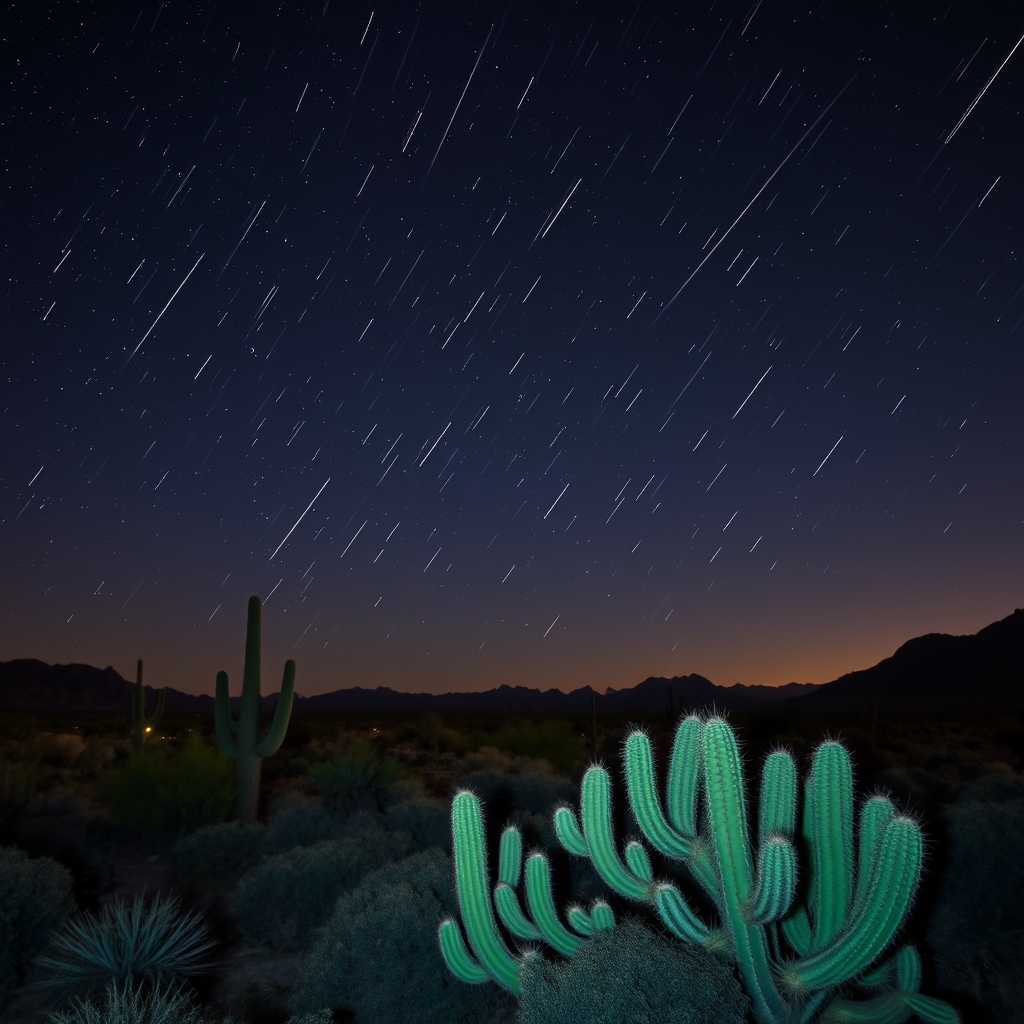Meteor Shower Over Desert Landscape: A Celestial Spectacle