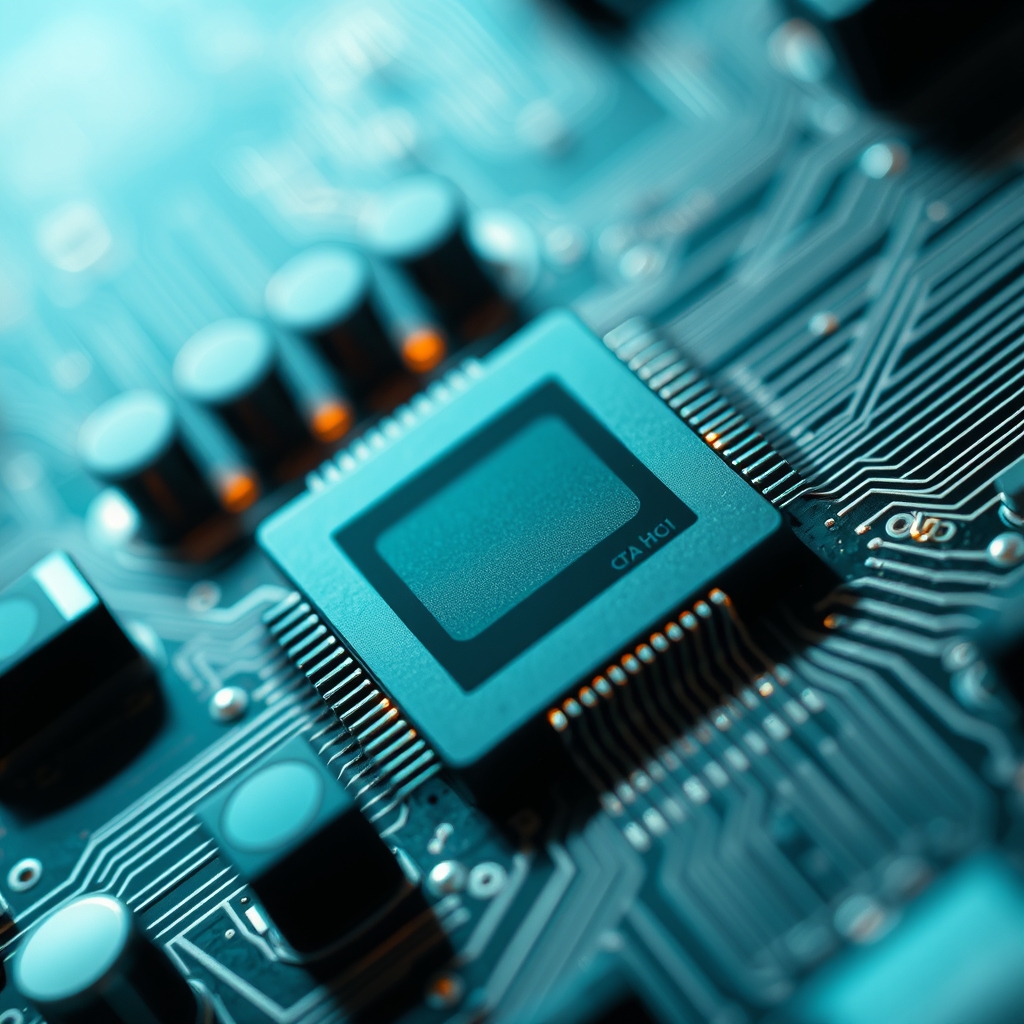 A microchip on a circuit board with a central composition.