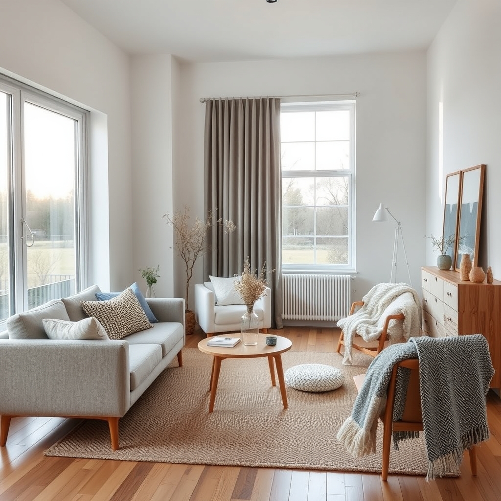 A living room with Scandinavian furniture, soft lighting, and minimal decor, featuring morning light through large windows.