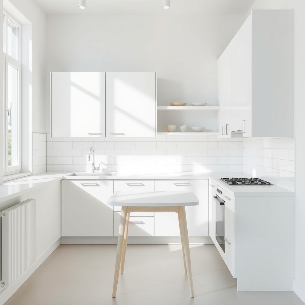 A clean and modern kitchen with white cabinets and countertops, illuminated by bright daylight
