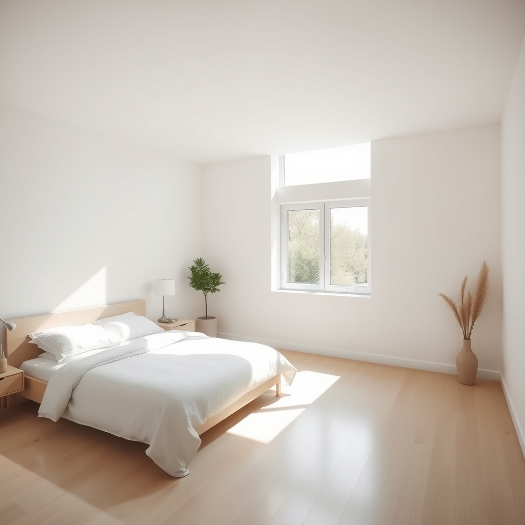 A minimalist bedroom with a large window, empty and bathed in natural light